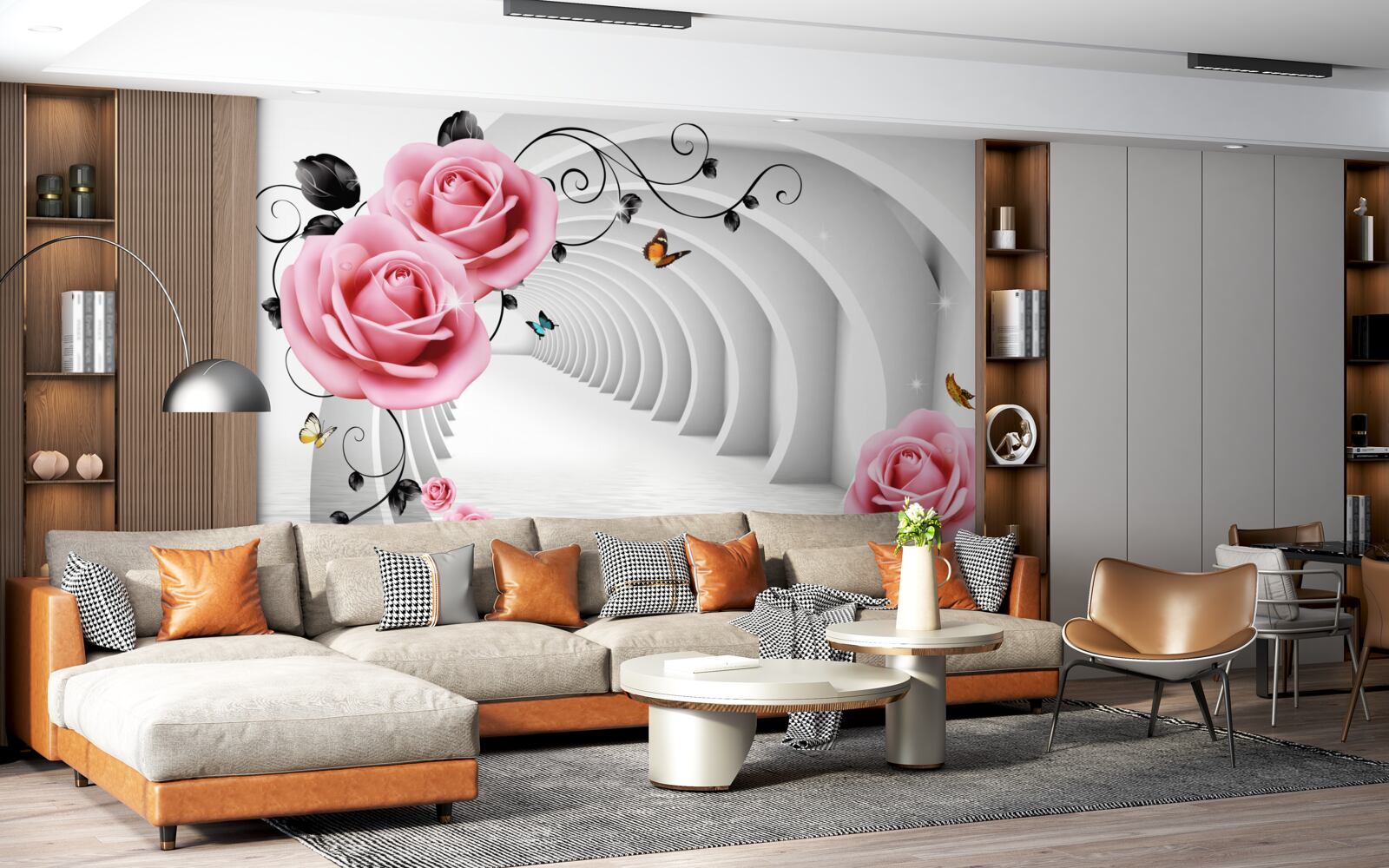 Fotobehang doorlopende gloeiende doorgang en roze-roze bloemen