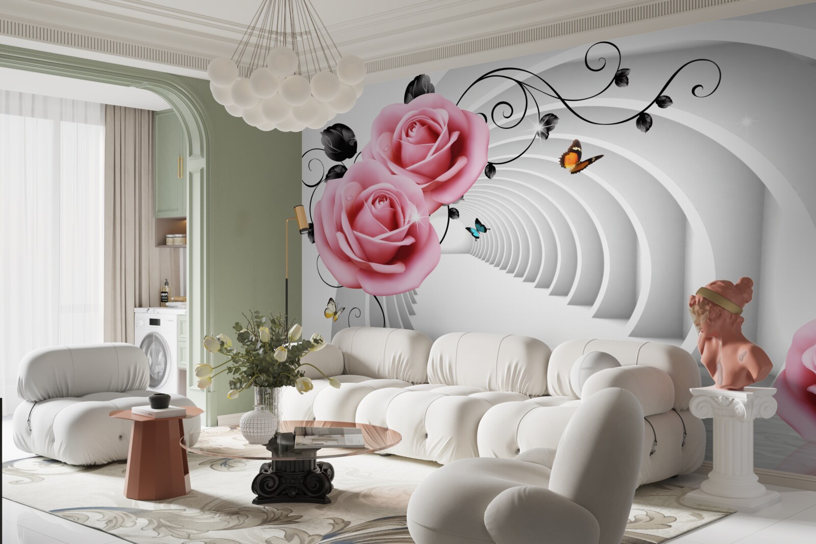 Fotobehang doorlopende gloeiende doorgang en roze-roze bloemen