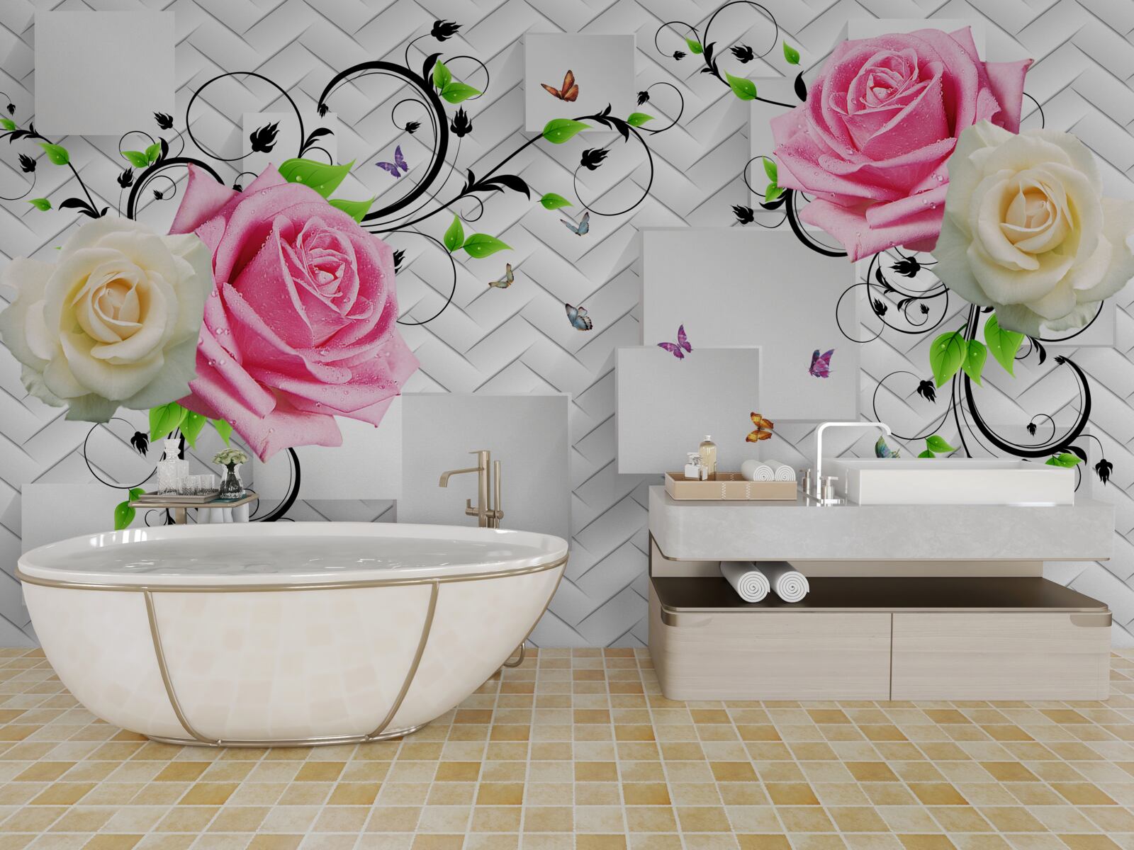 Fotobehang witte en roze rozen op een abstracte achtergrond