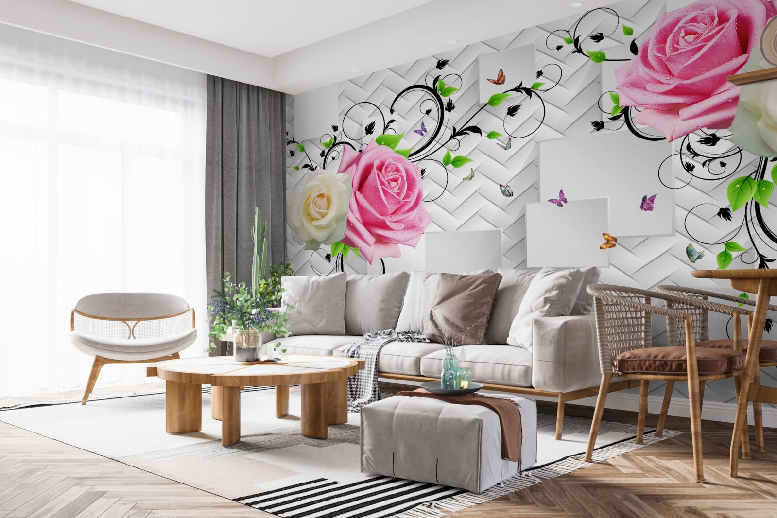 Fotobehang witte en roze rozen op een abstracte achtergrond