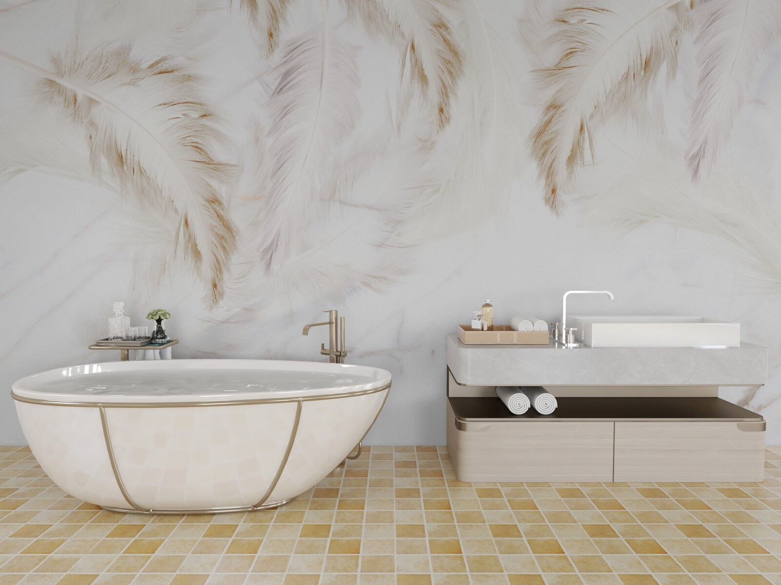 Fotobehang heldere achtergrond met gouden ingewikkelde veersecties