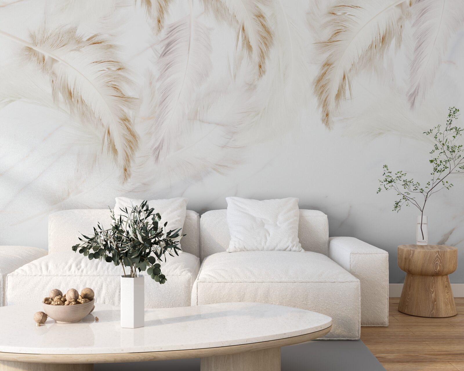 Fotobehang heldere achtergrond met gouden ingewikkelde veersecties