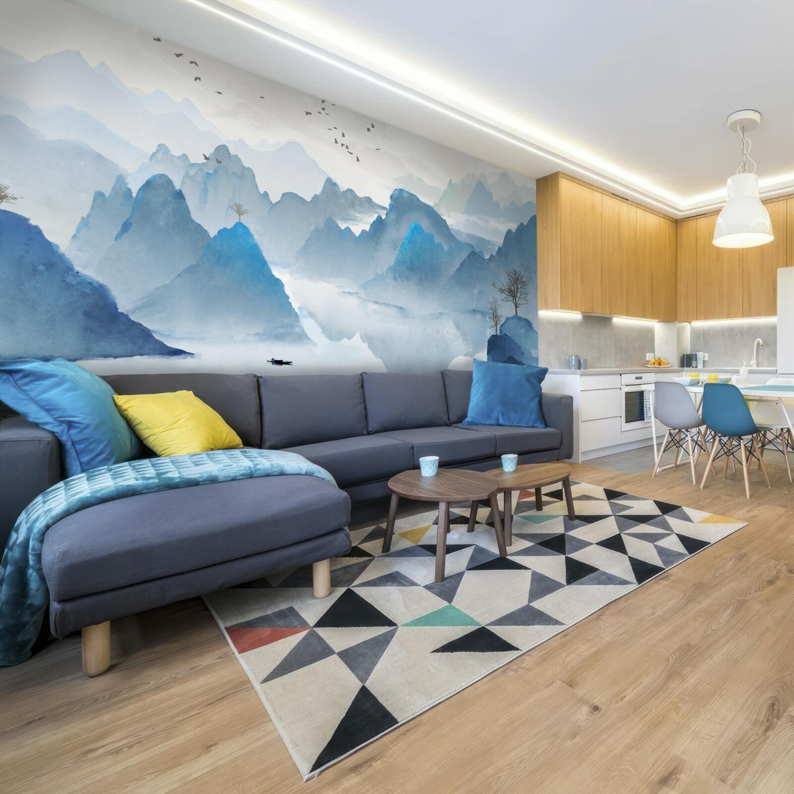 Fotobehang visser op een kalme bergrivier