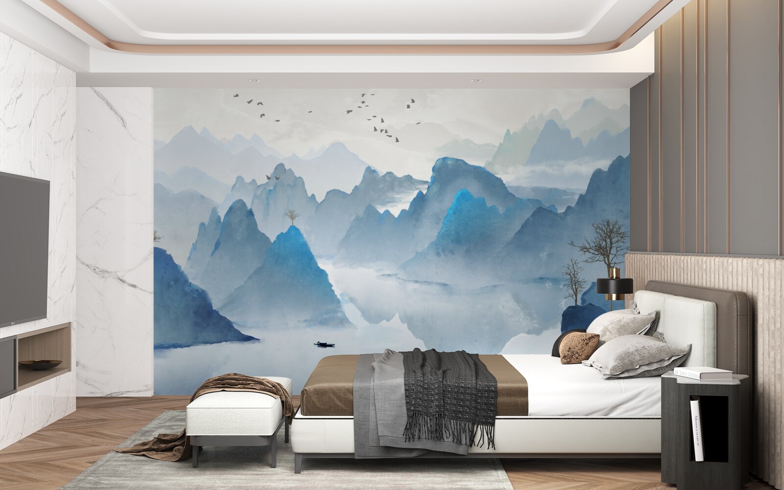 Fotobehang visser op een kalme bergrivier