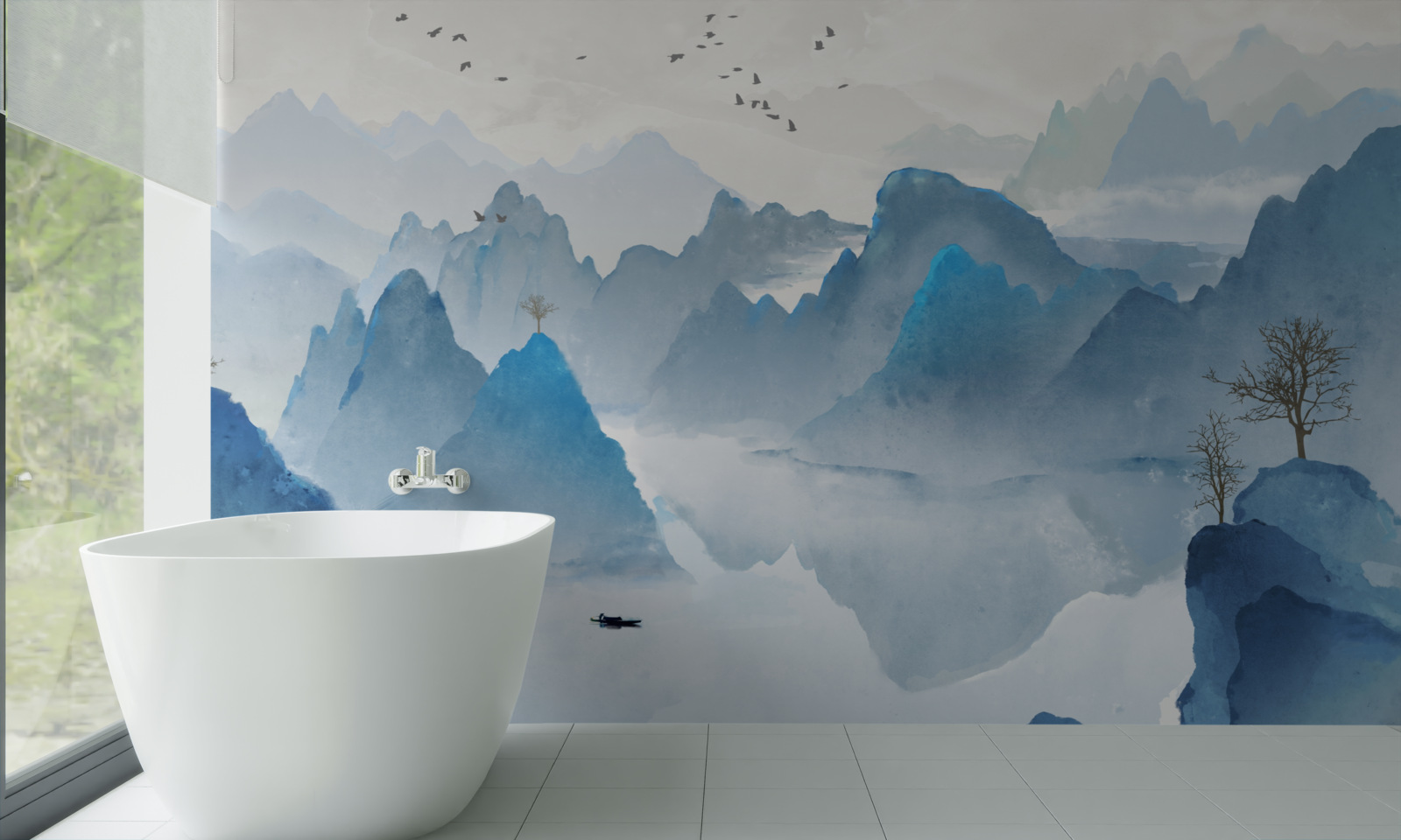 Fotobehang visser op een kalme bergrivier