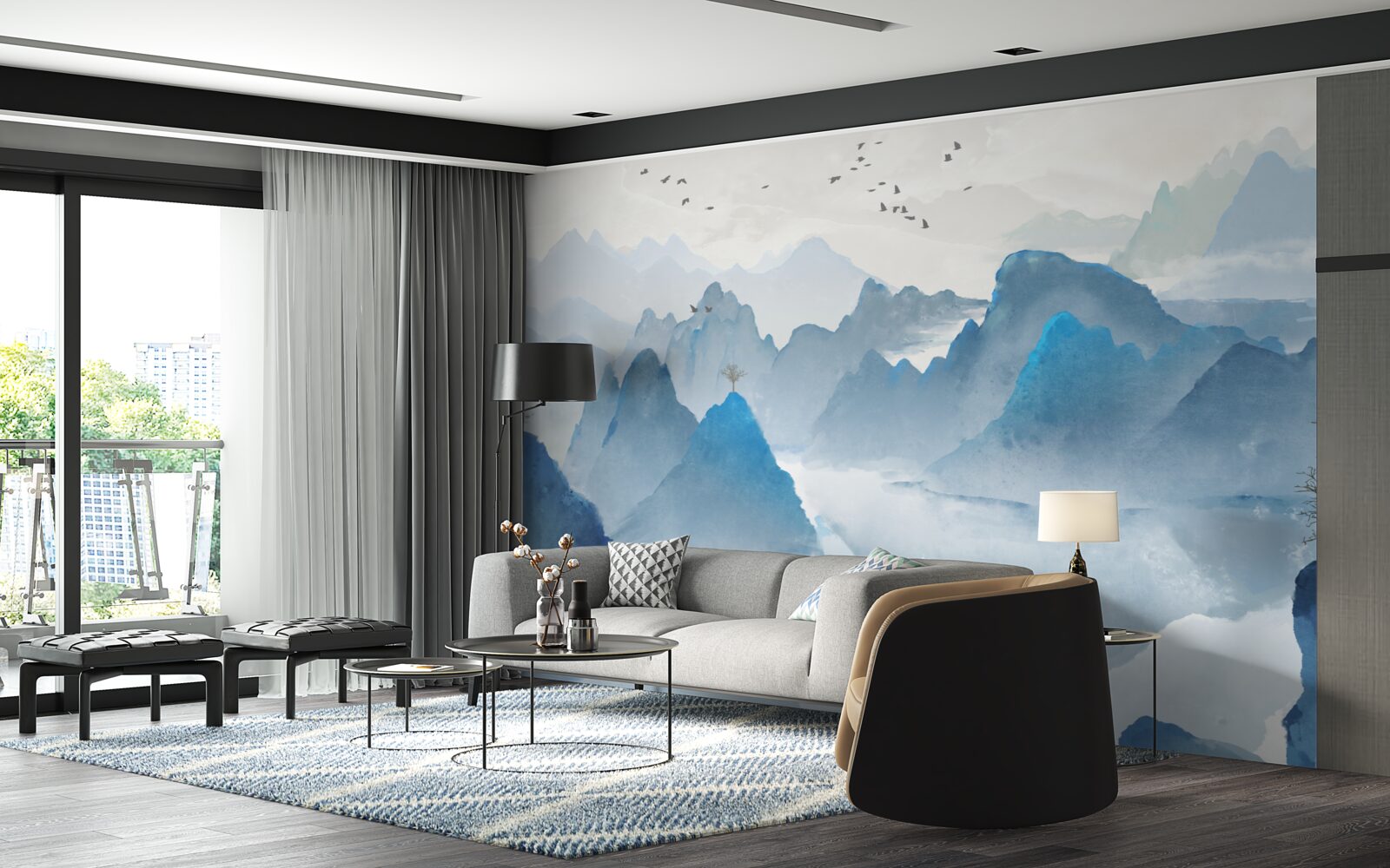 Fotobehang visser op een kalme bergrivier