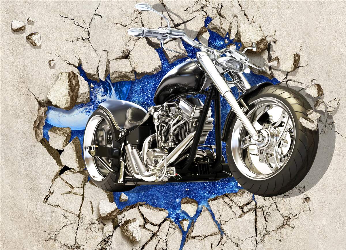 Fotobehang zwarte motorfiets afgebeeld op muur