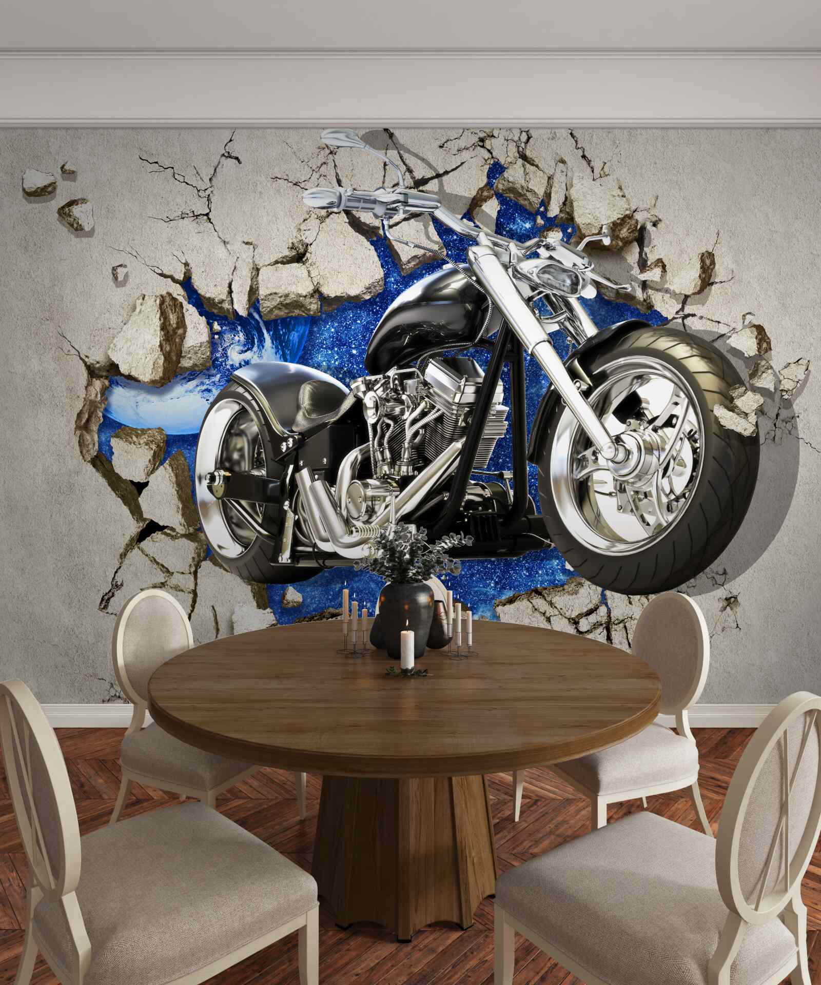 Fotobehang zwarte motorfiets afgebeeld op muur