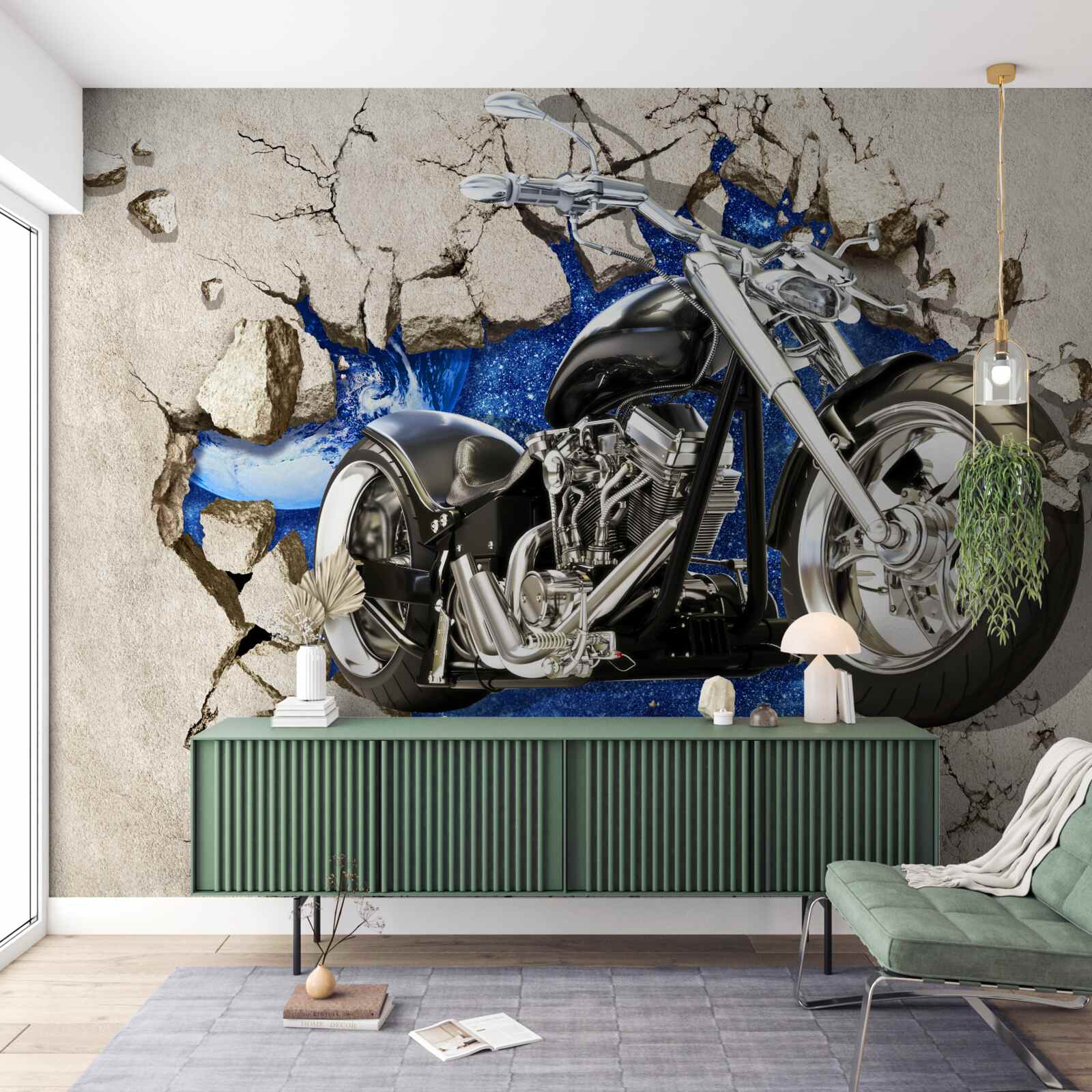 Fotobehang zwarte motorfiets afgebeeld op muur