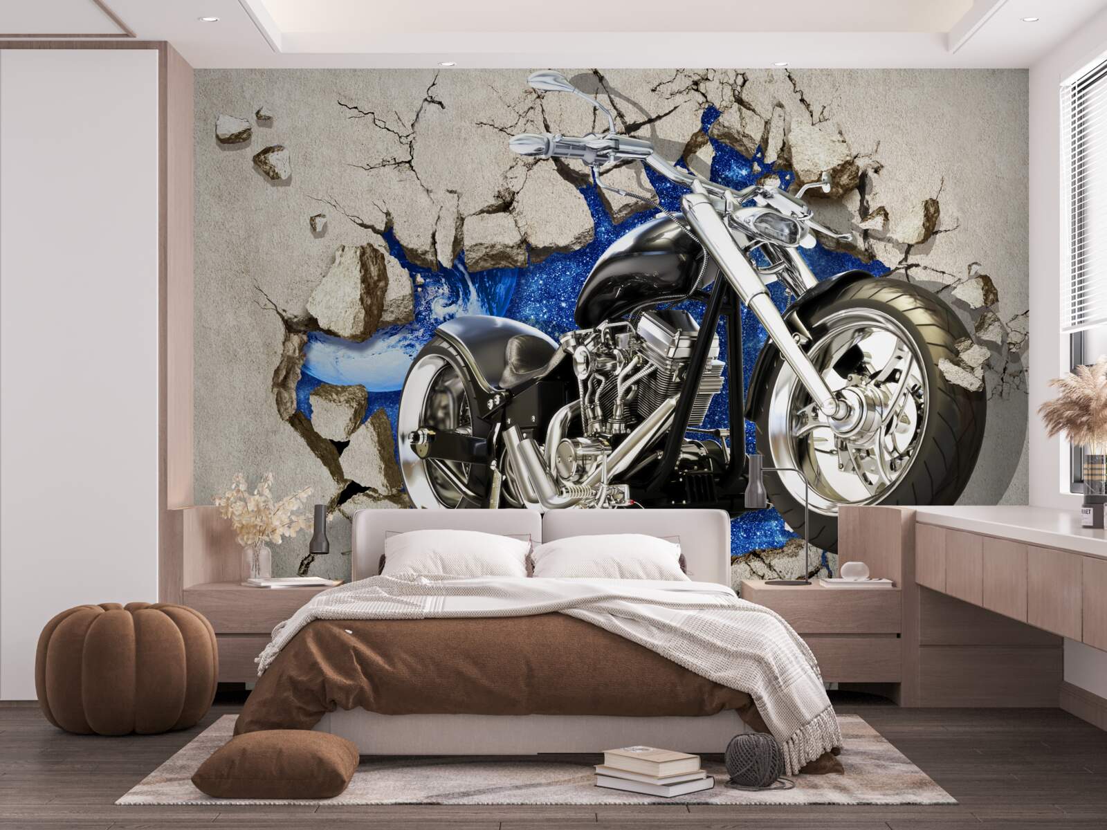 Fotobehang zwarte motorfiets afgebeeld op muur