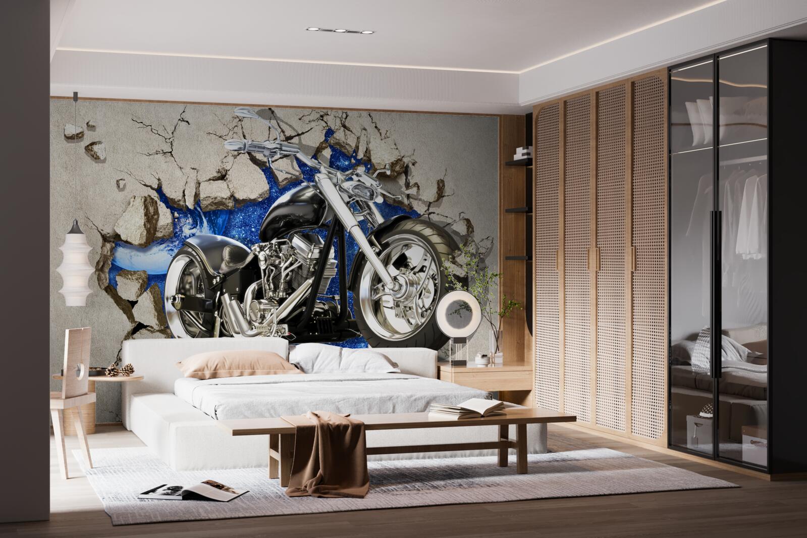 Fotobehang zwarte motorfiets afgebeeld op muur