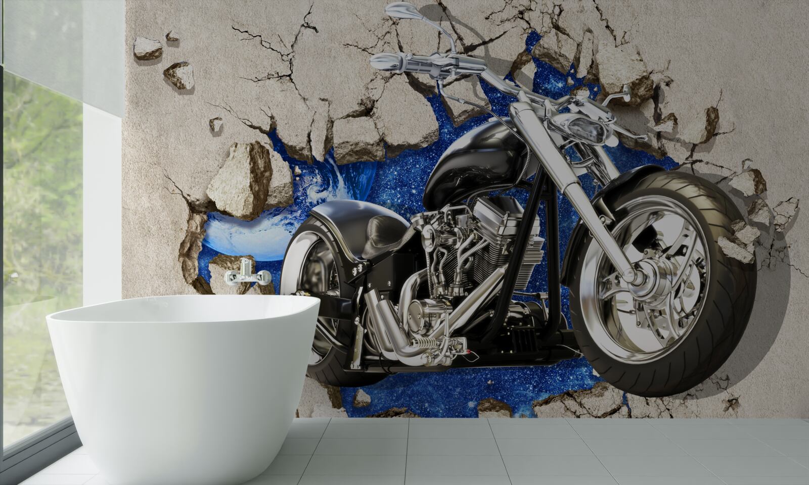 Fotobehang zwarte motorfiets afgebeeld op muur