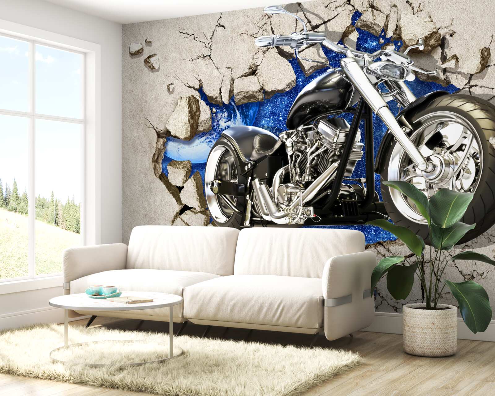 Fotobehang zwarte motorfiets afgebeeld op muur