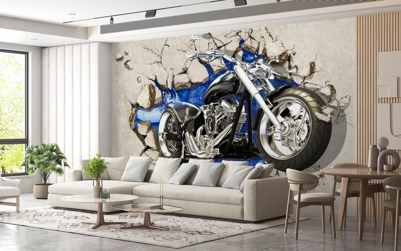 Fotobehang zwarte motorfiets afgebeeld op muur