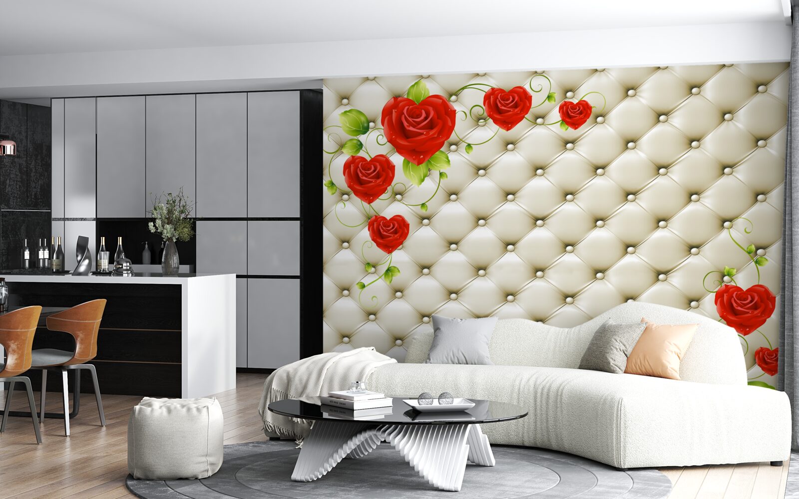 Fotobehang textuur van stof met decoratieve elementen en rode rozen