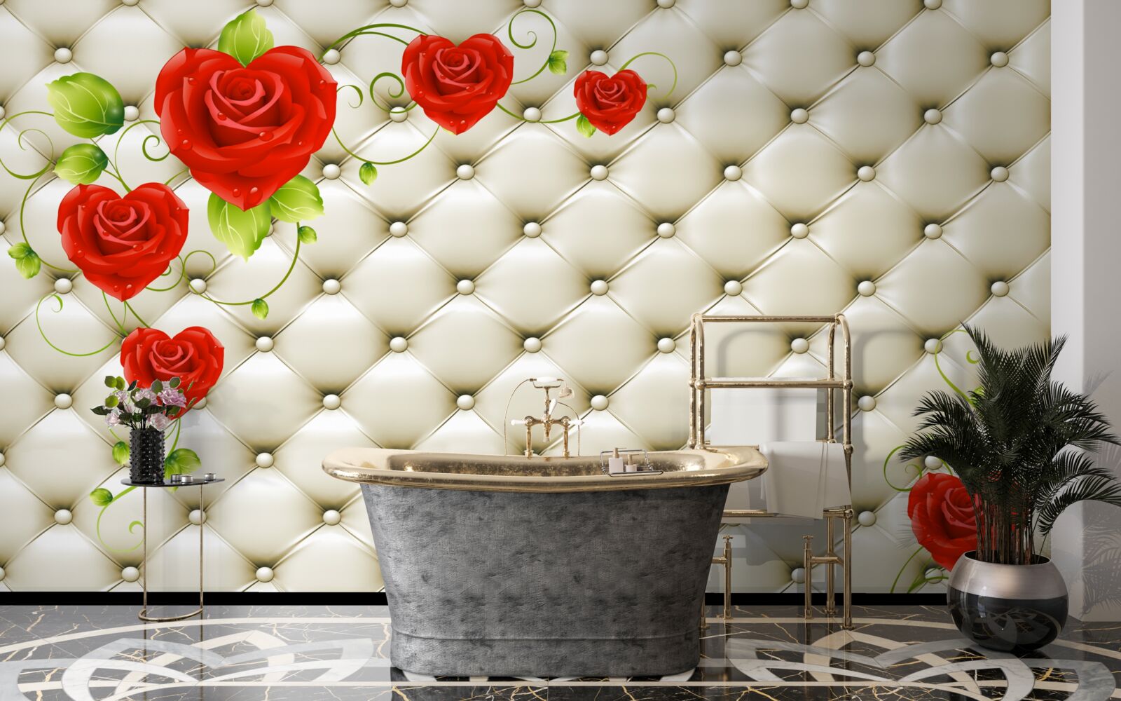 Fotobehang textuur van stof met decoratieve elementen en rode rozen