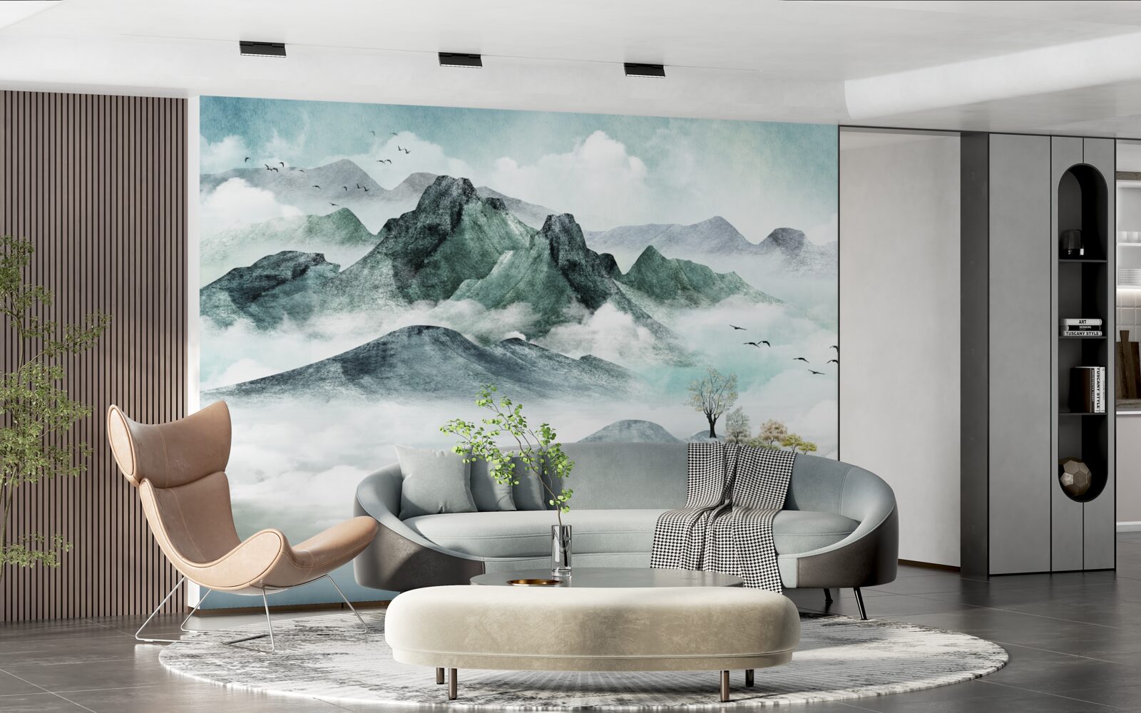 Fotobehang landschap van rotsachtige bergen omgeven door mist