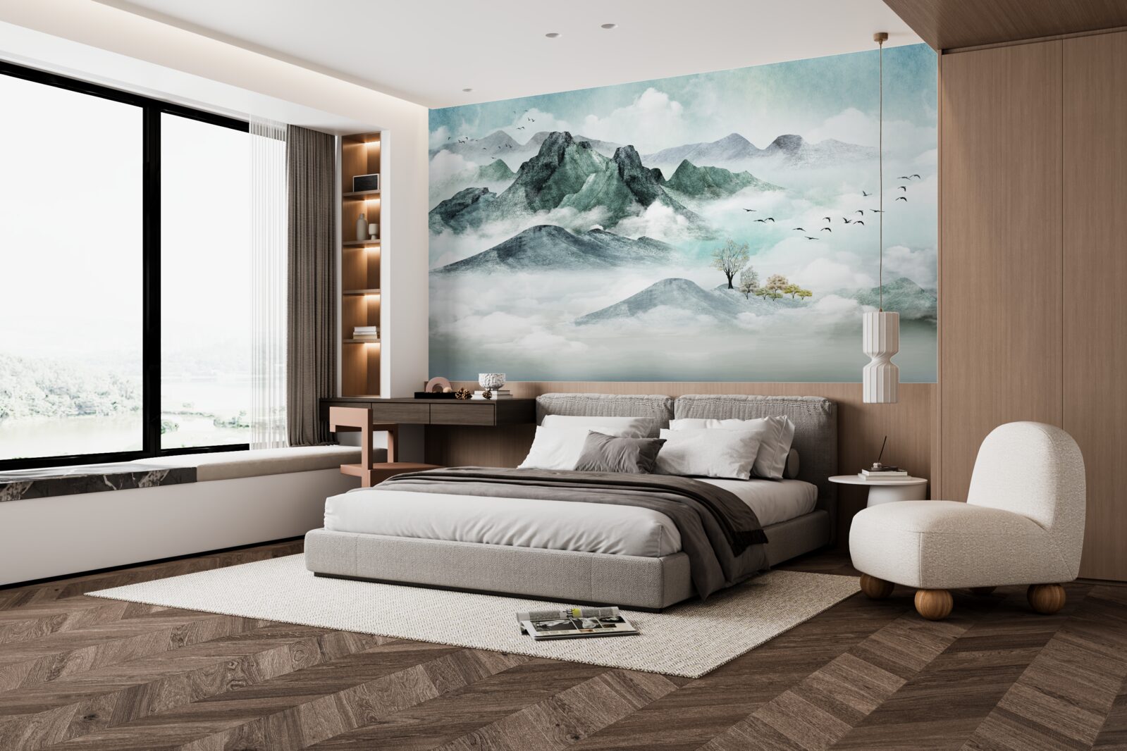 Fotobehang landschap van rotsachtige bergen omgeven door mist