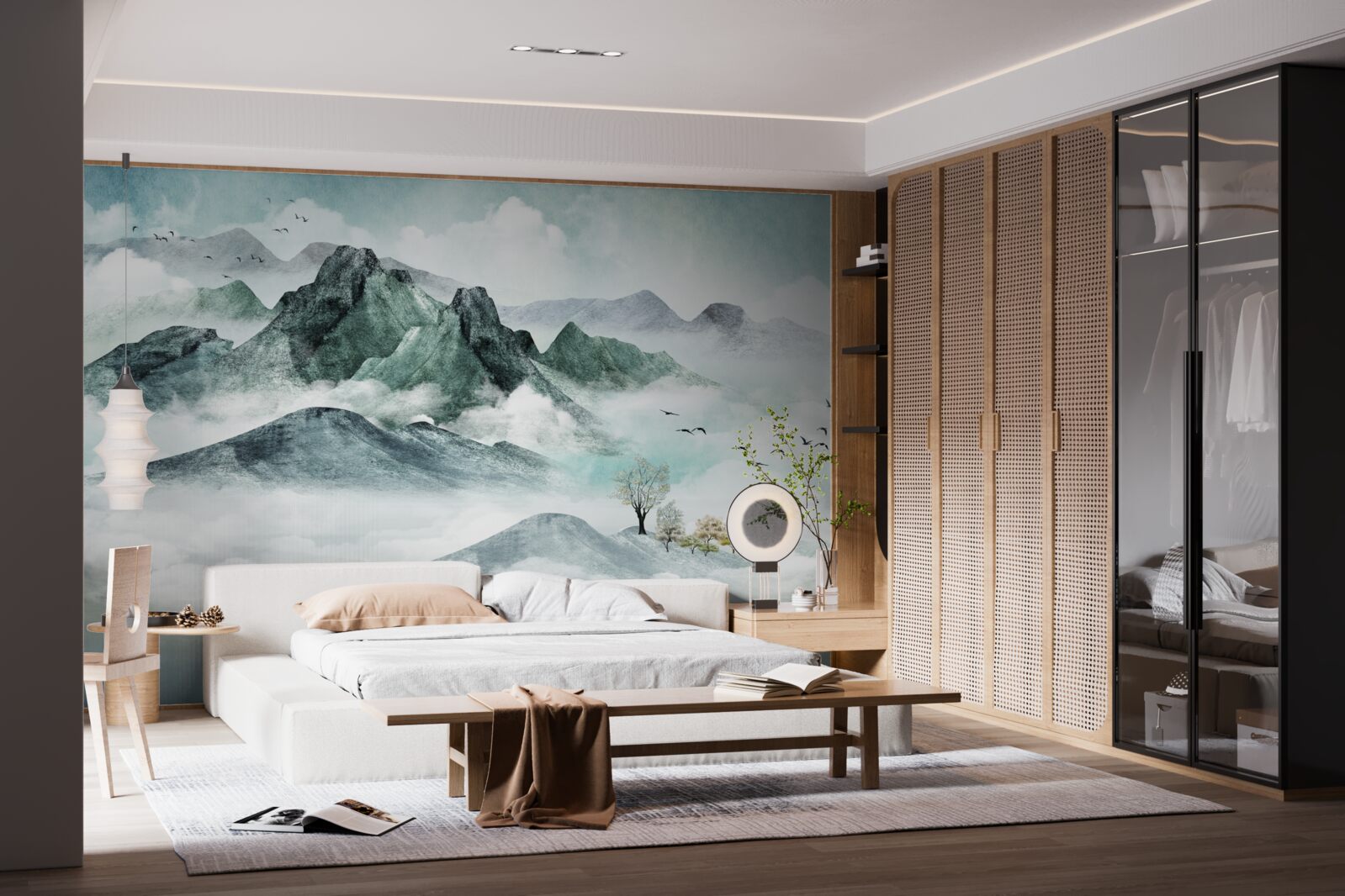 Fotobehang landschap van rotsachtige bergen omgeven door mist