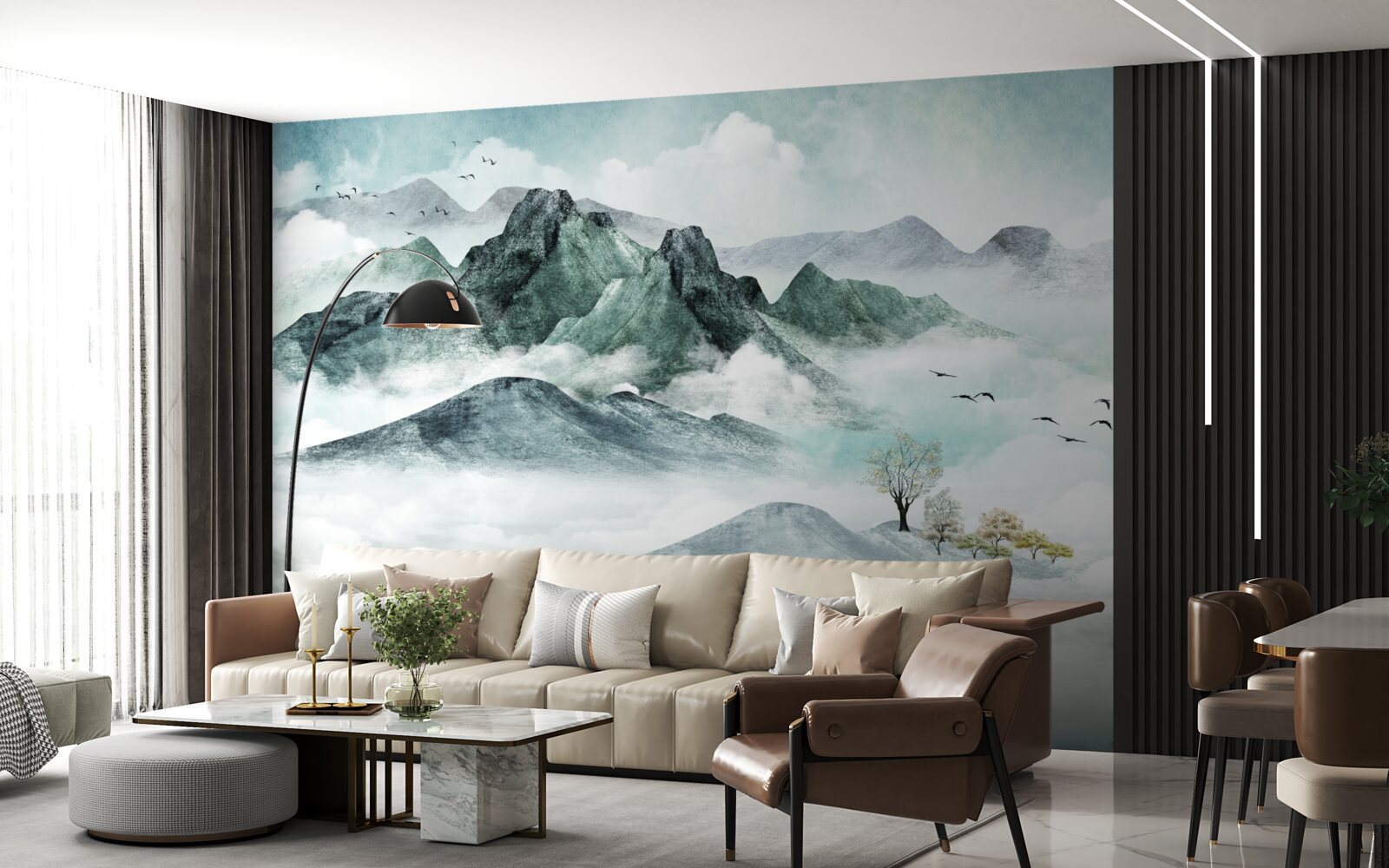 Fotobehang landschap van rotsachtige bergen omgeven door mist