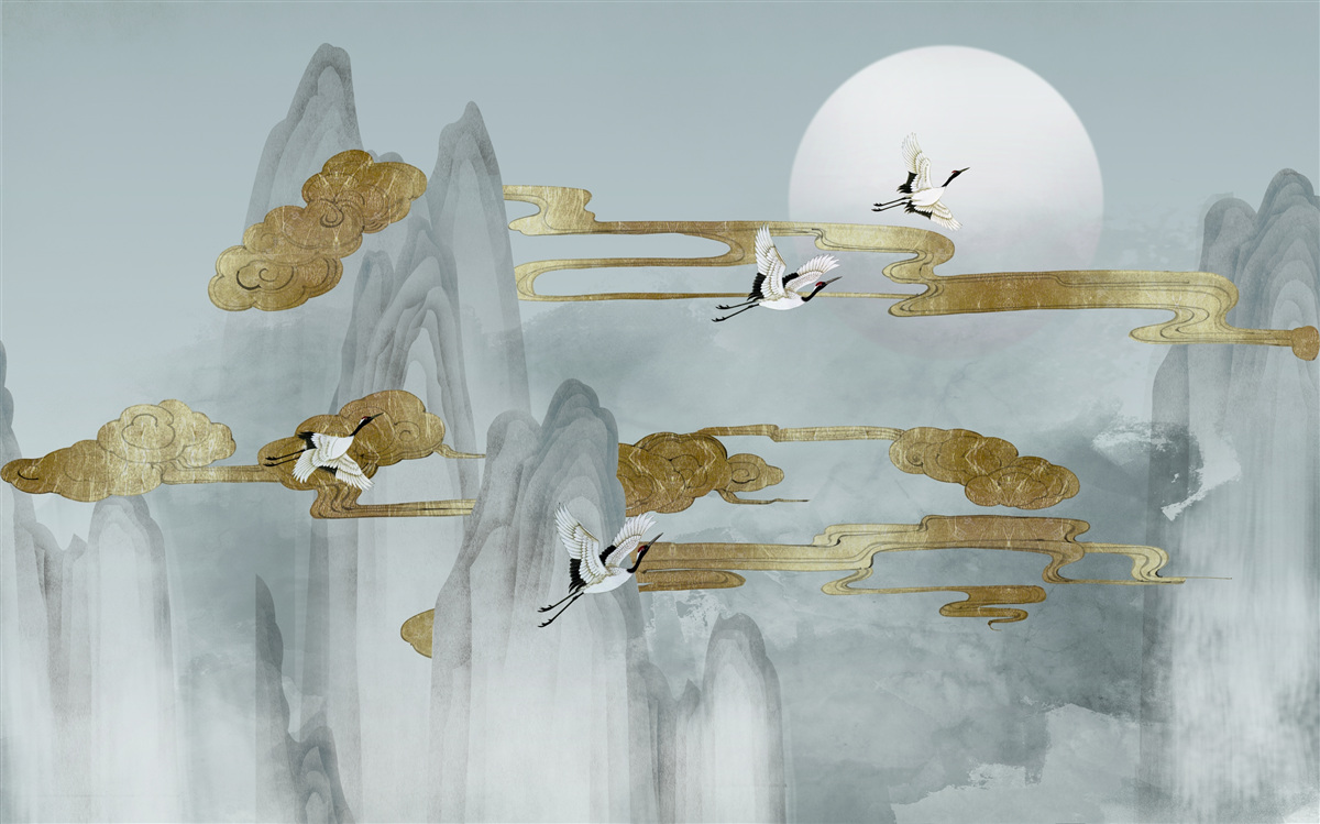 Fotobehang grijze pieken blijven achter terwijl kraanvogels voorbij vliegen