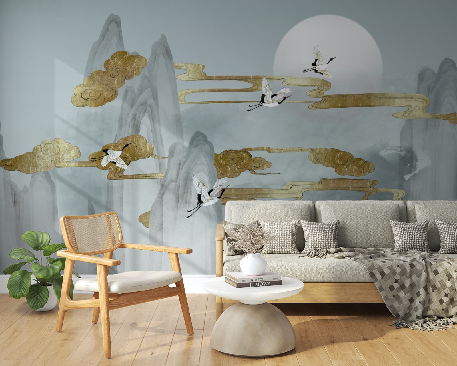 Fotobehang grijze pieken blijven achter terwijl kraanvogels voorbij vliegen