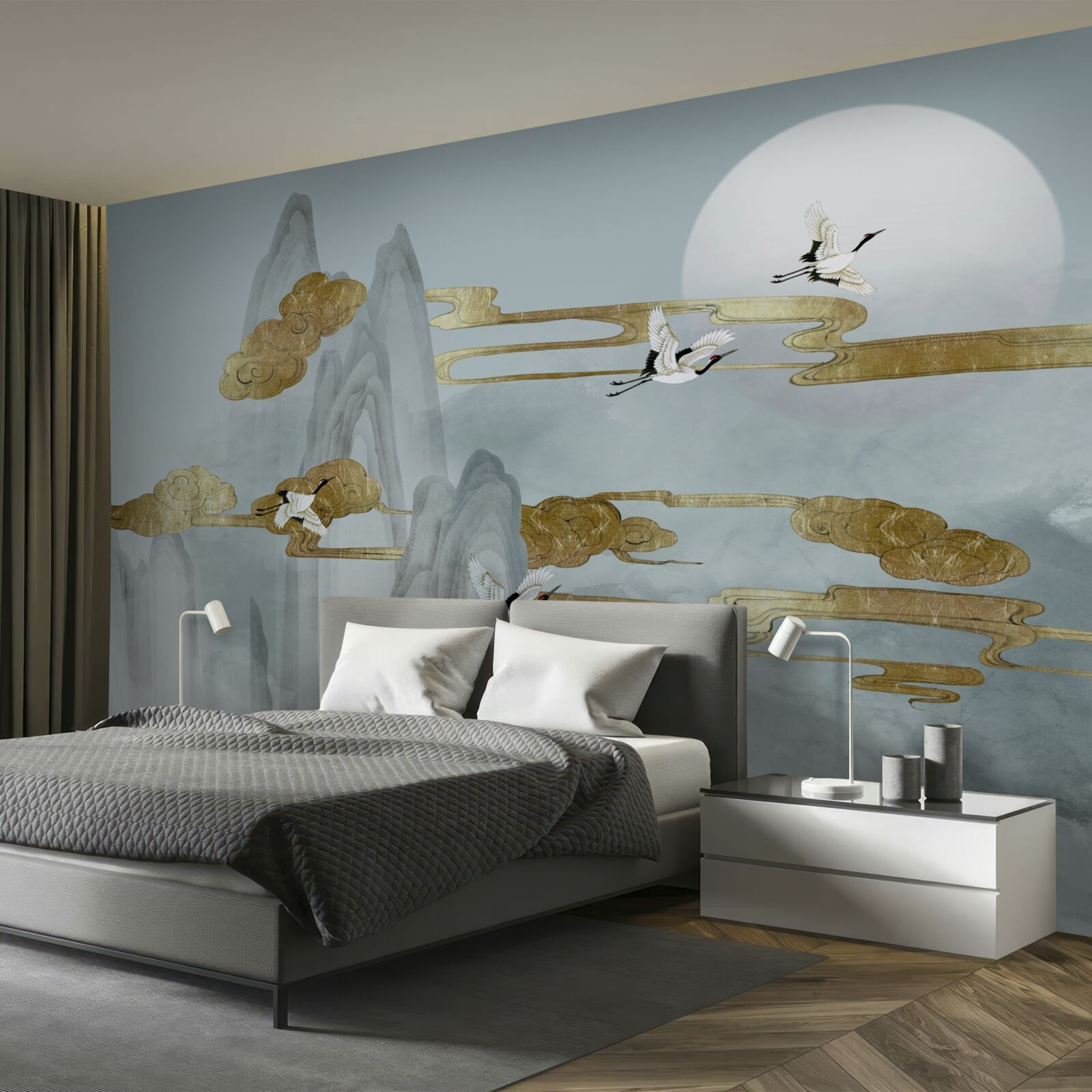 Fotobehang grijze pieken blijven achter terwijl kraanvogels voorbij vliegen