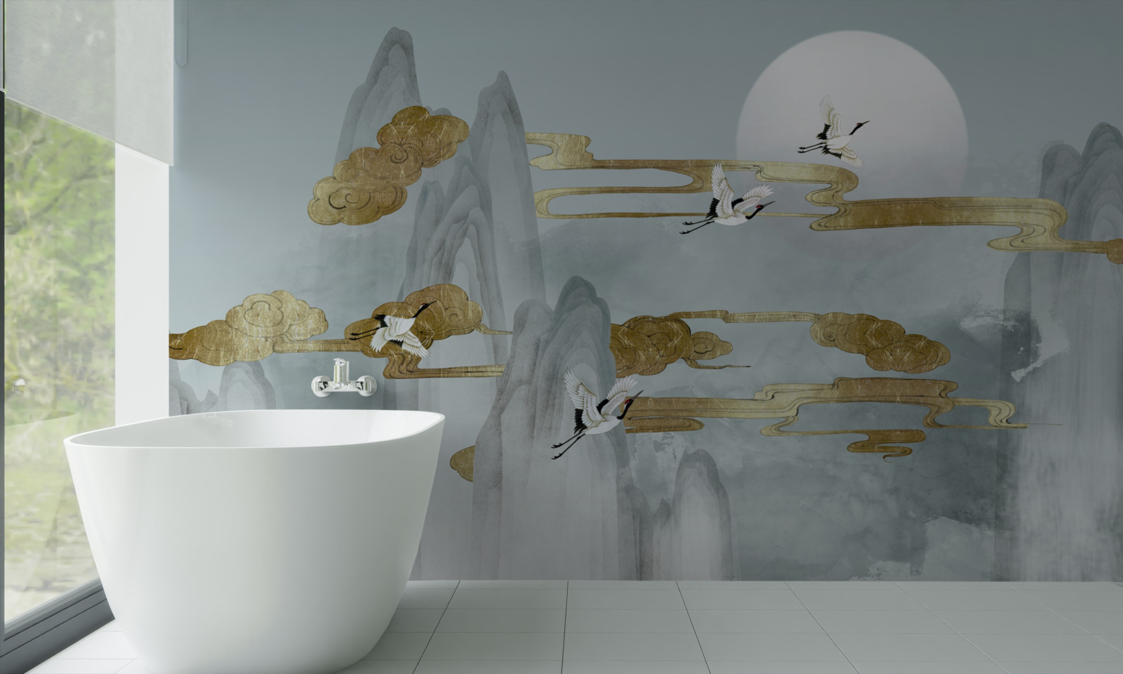 Fotobehang grijze pieken blijven achter terwijl kraanvogels voorbij vliegen