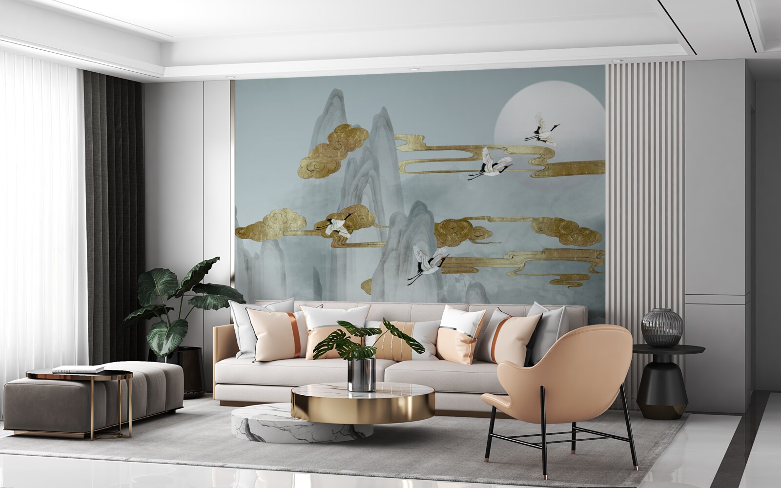 Fotobehang grijze pieken blijven achter terwijl kraanvogels voorbij vliegen