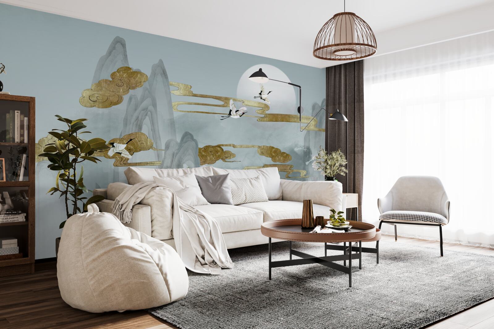 Fotobehang grijze pieken blijven achter terwijl kraanvogels voorbij vliegen