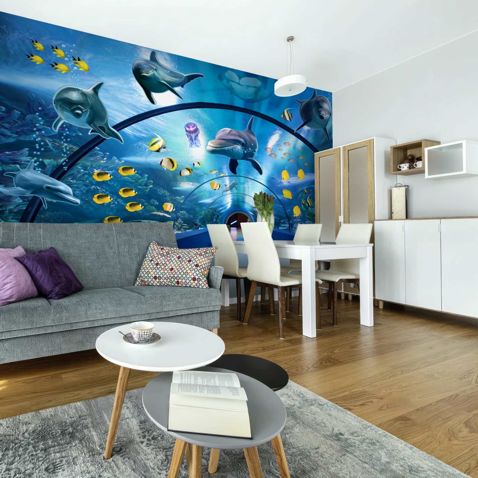 Fotobehang er zijn dolfijnen en vissen in het aquarium