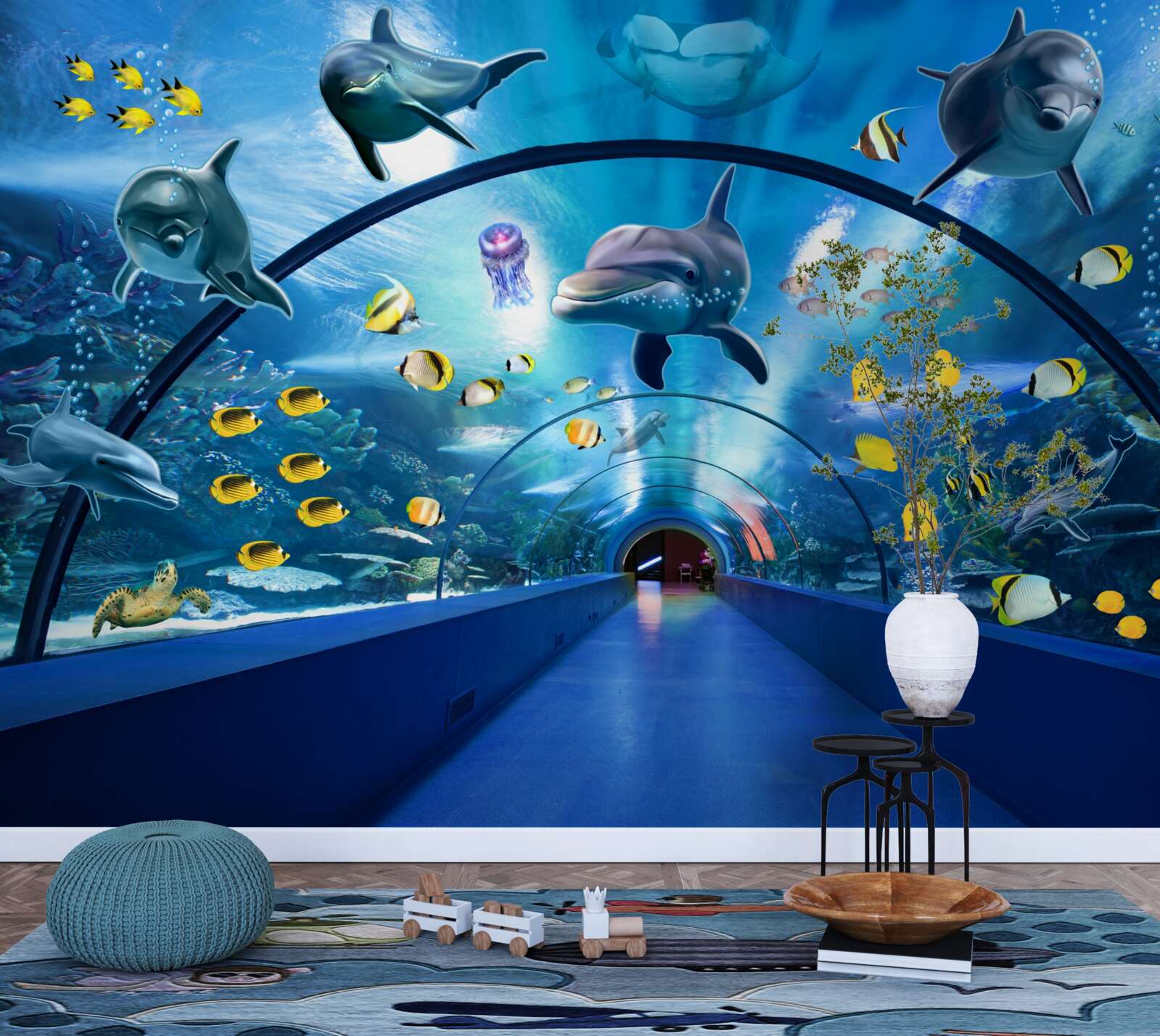 Fotobehang er zijn dolfijnen en vissen in het aquarium