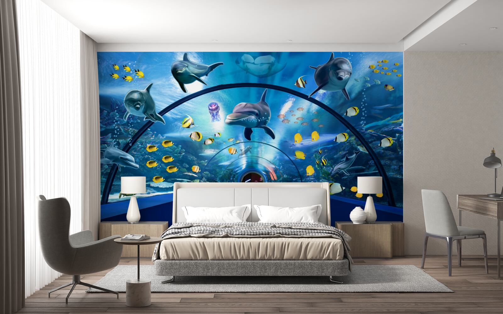 Fotobehang er zijn dolfijnen en vissen in het aquarium