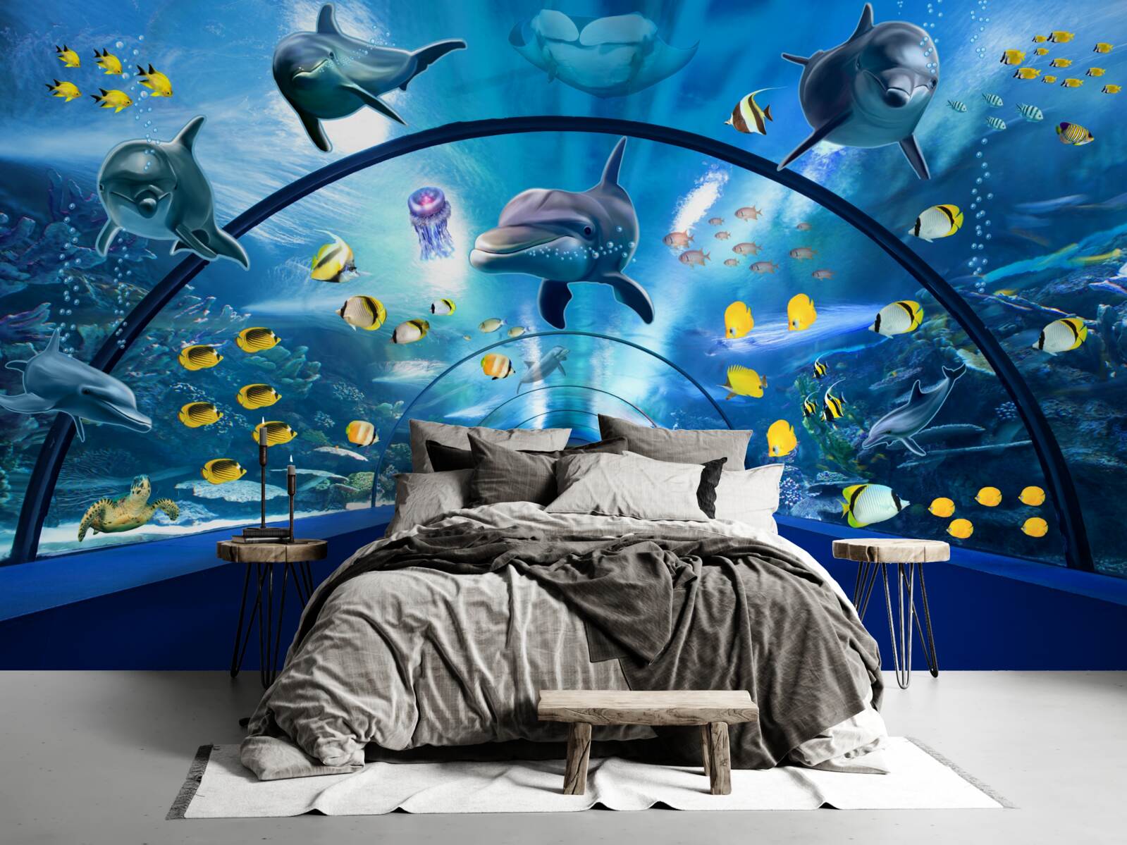 Fotobehang er zijn dolfijnen en vissen in het aquarium