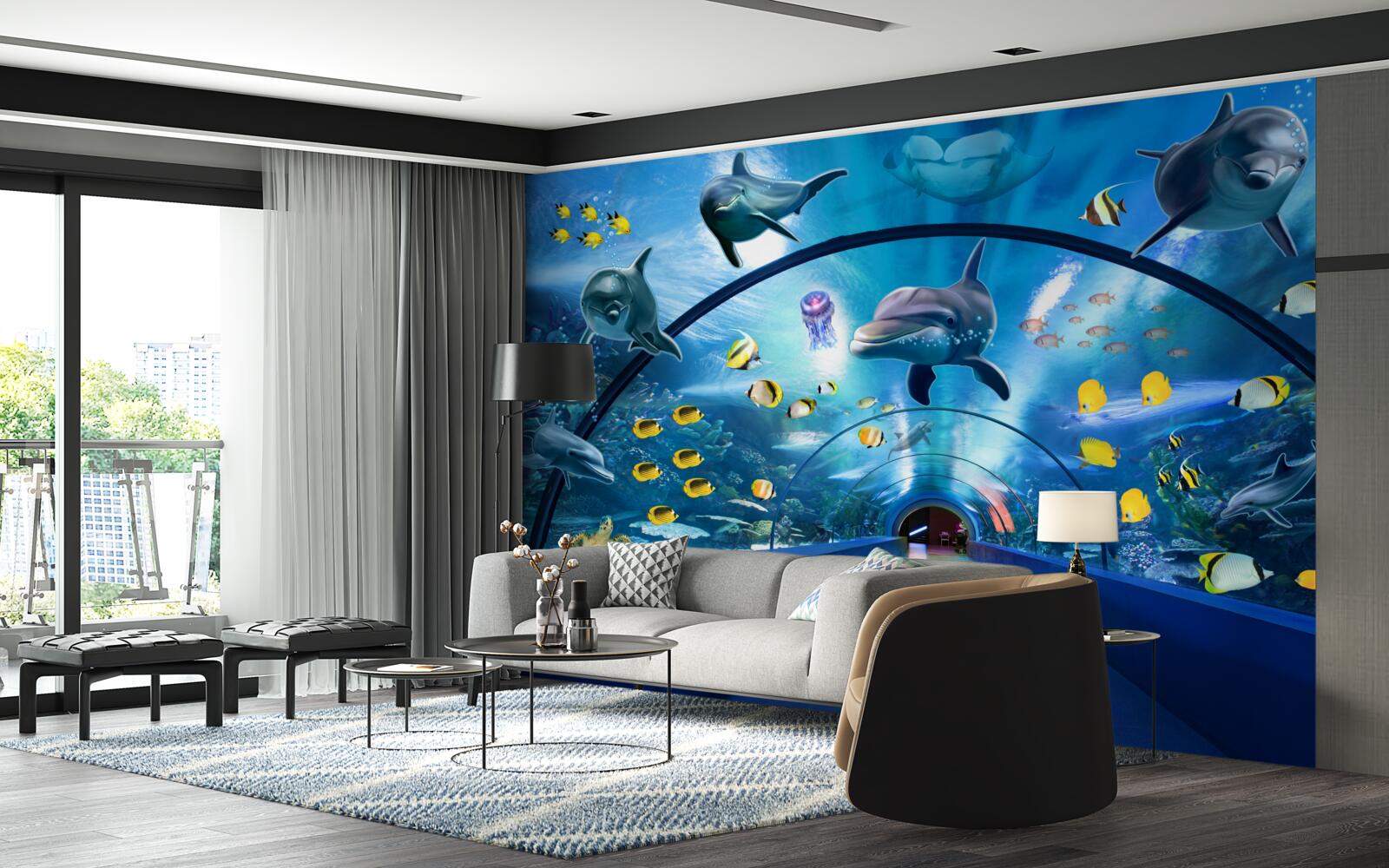 Fotobehang er zijn dolfijnen en vissen in het aquarium