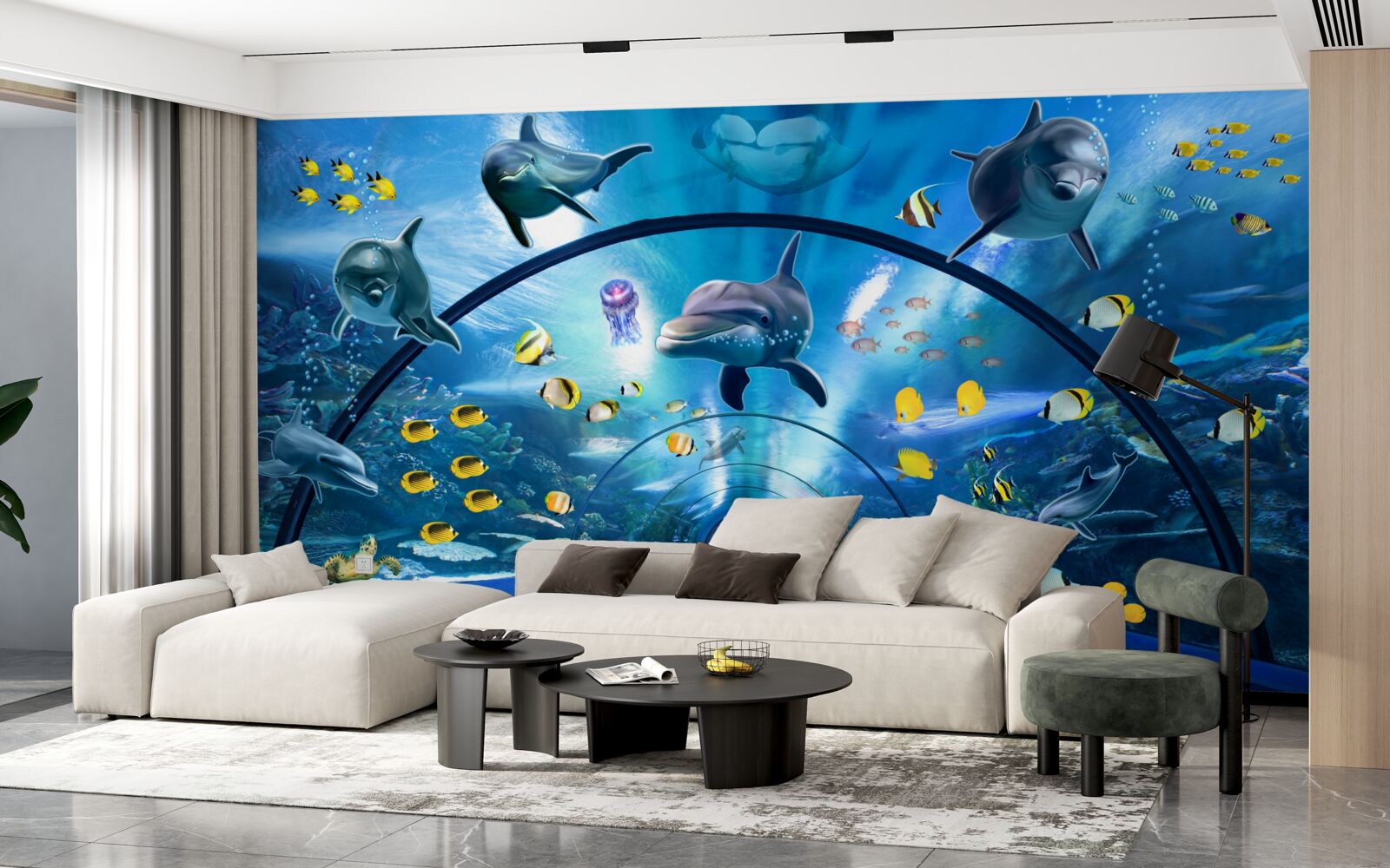 Fotobehang er zijn dolfijnen en vissen in het aquarium