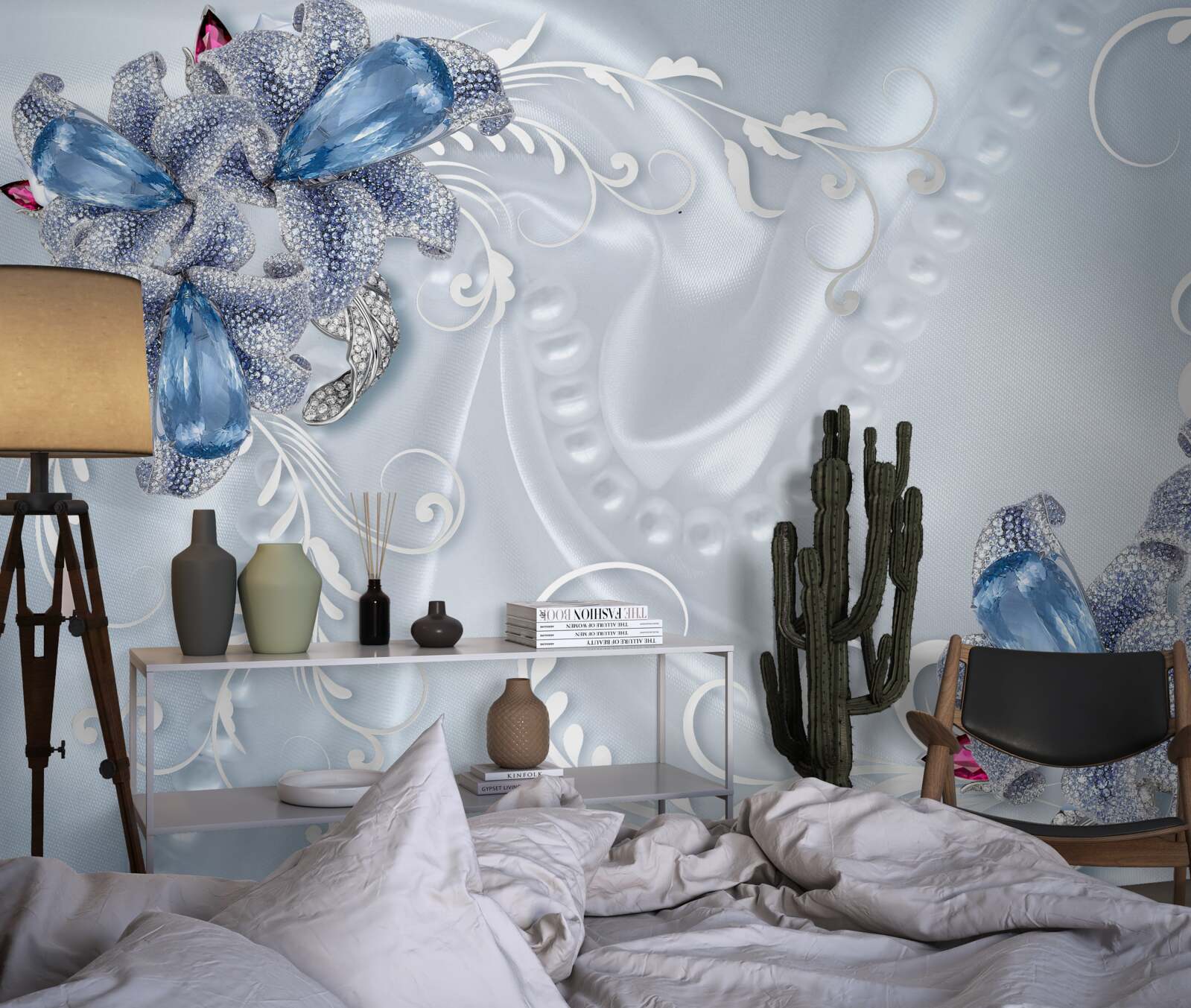 Fotobehang exotische bloemen geweven van kostbaar zilver en prachtige edelstenen