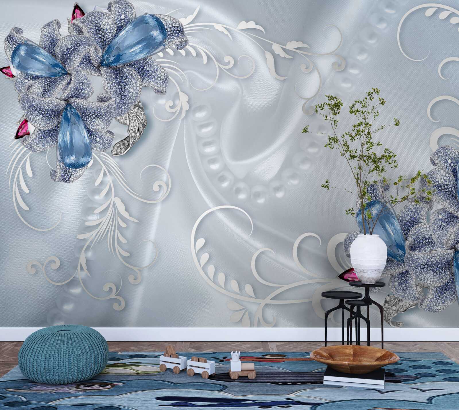 Fotobehang exotische bloemen geweven van kostbaar zilver en prachtige edelstenen