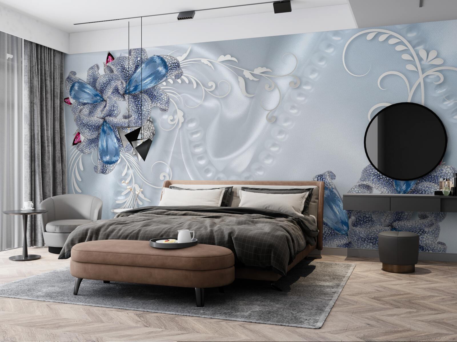 Fotobehang exotische bloemen geweven van kostbaar zilver en prachtige edelstenen