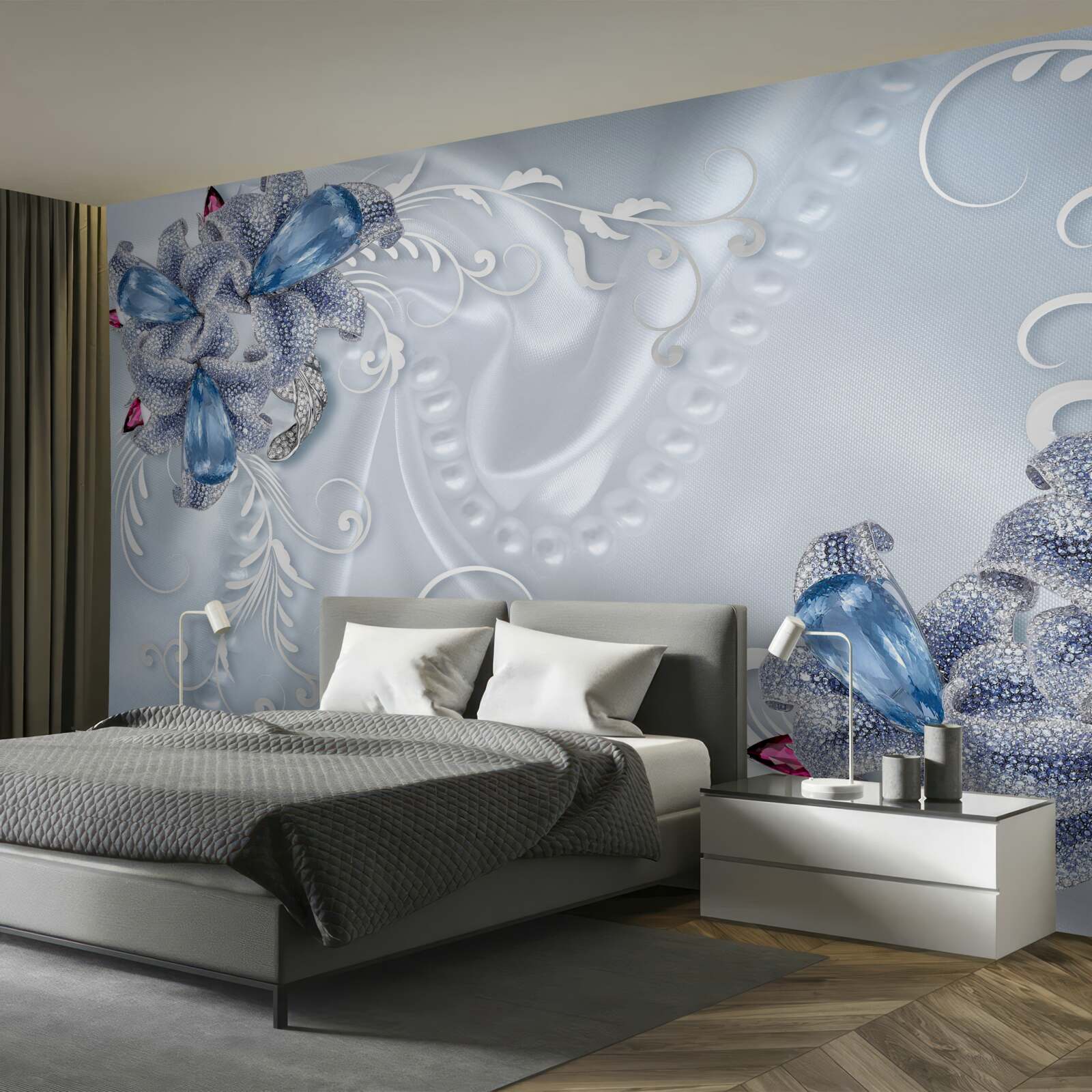 Fotobehang exotische bloemen geweven van kostbaar zilver en prachtige edelstenen