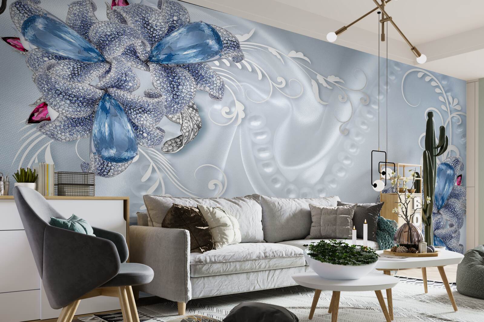 Fotobehang exotische bloemen geweven van kostbaar zilver en prachtige edelstenen