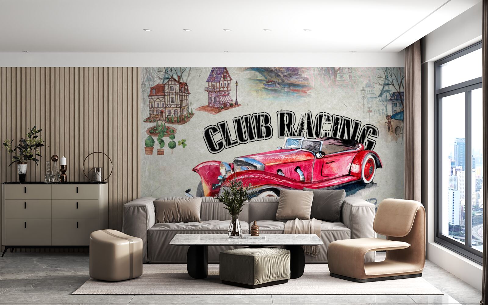 Fotobehang rode auto van weleer