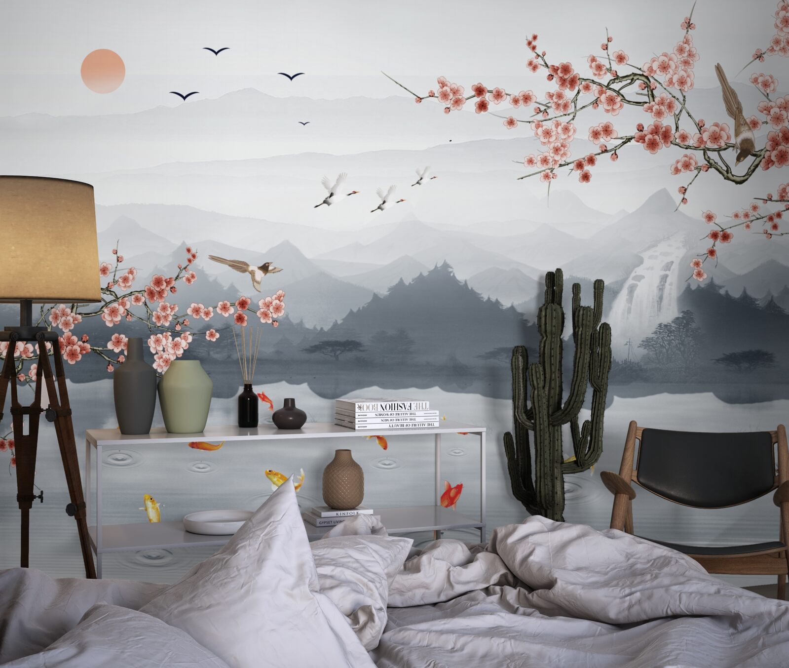 Fotobehang sakura bloeiend aan de voet van bergen en bij water