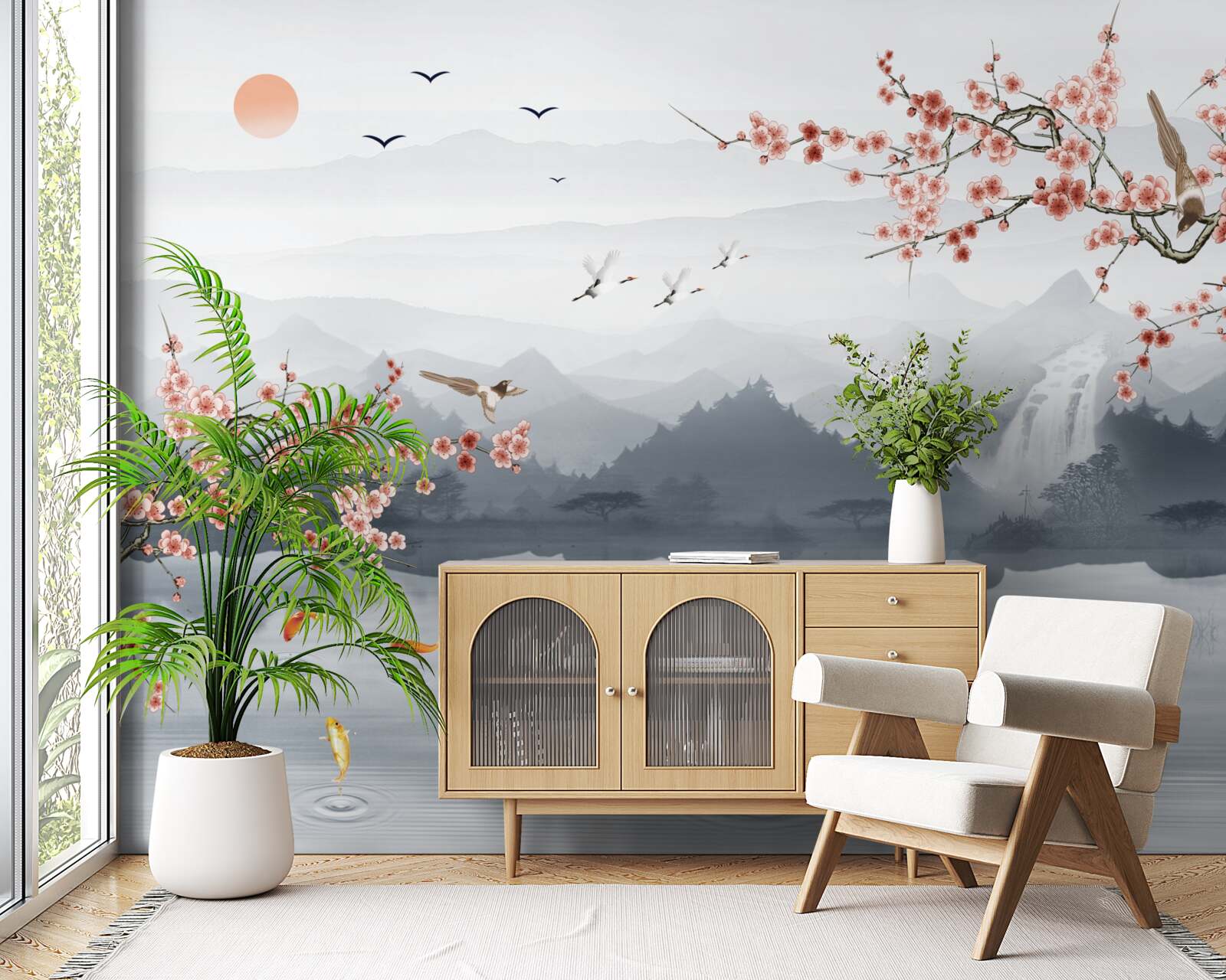 Fotobehang sakura bloeiend aan de voet van bergen en bij water