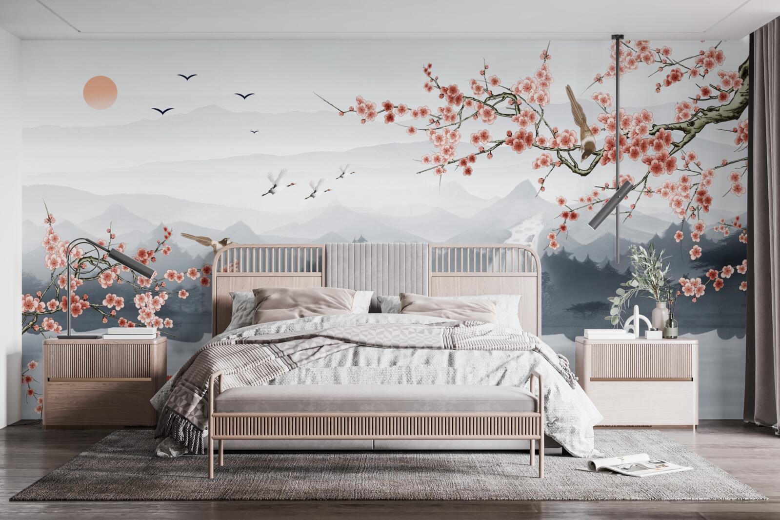 Fotobehang sakura bloeiend aan de voet van bergen en bij water