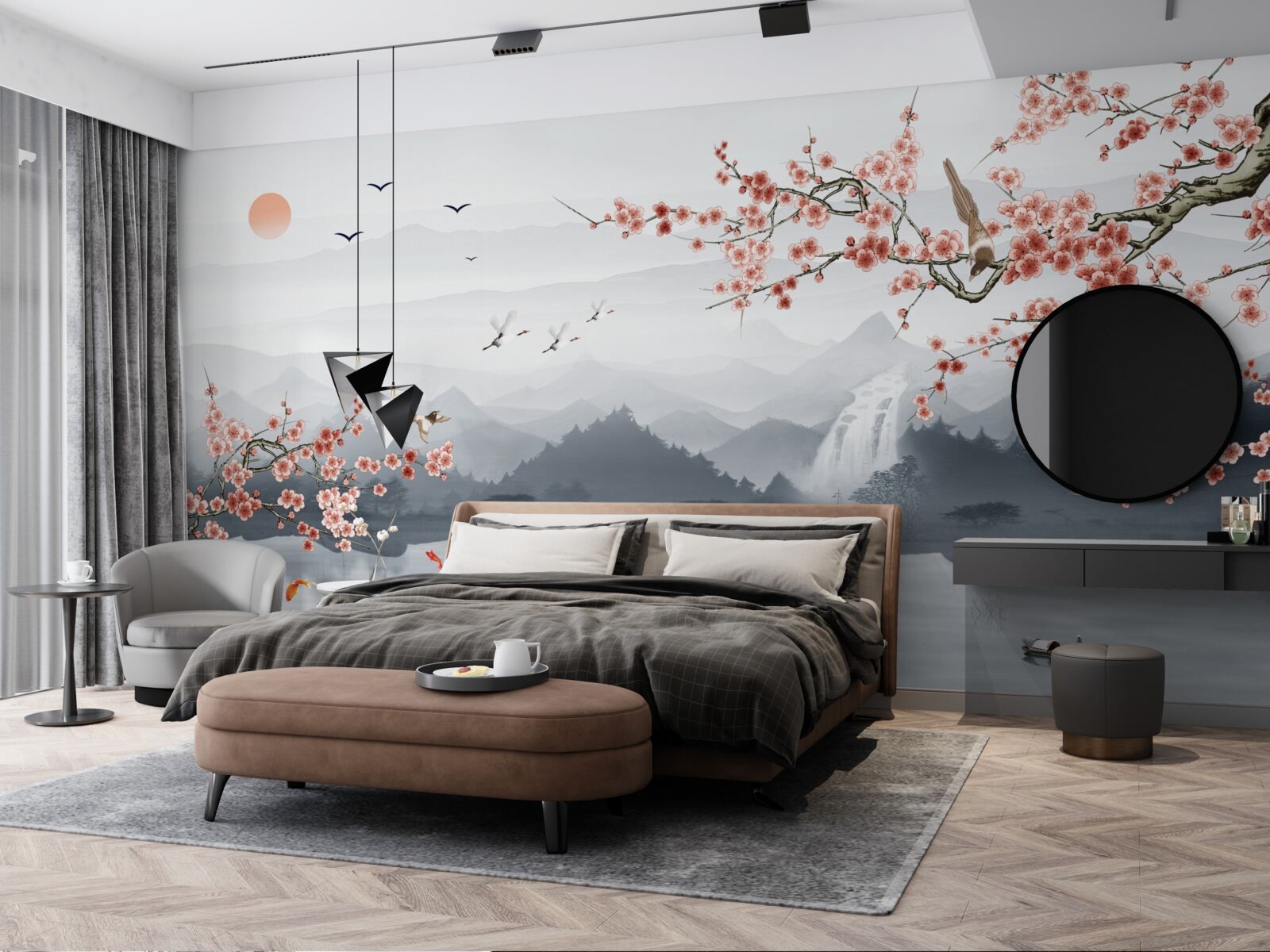 Fotobehang sakura bloeiend aan de voet van bergen en bij water