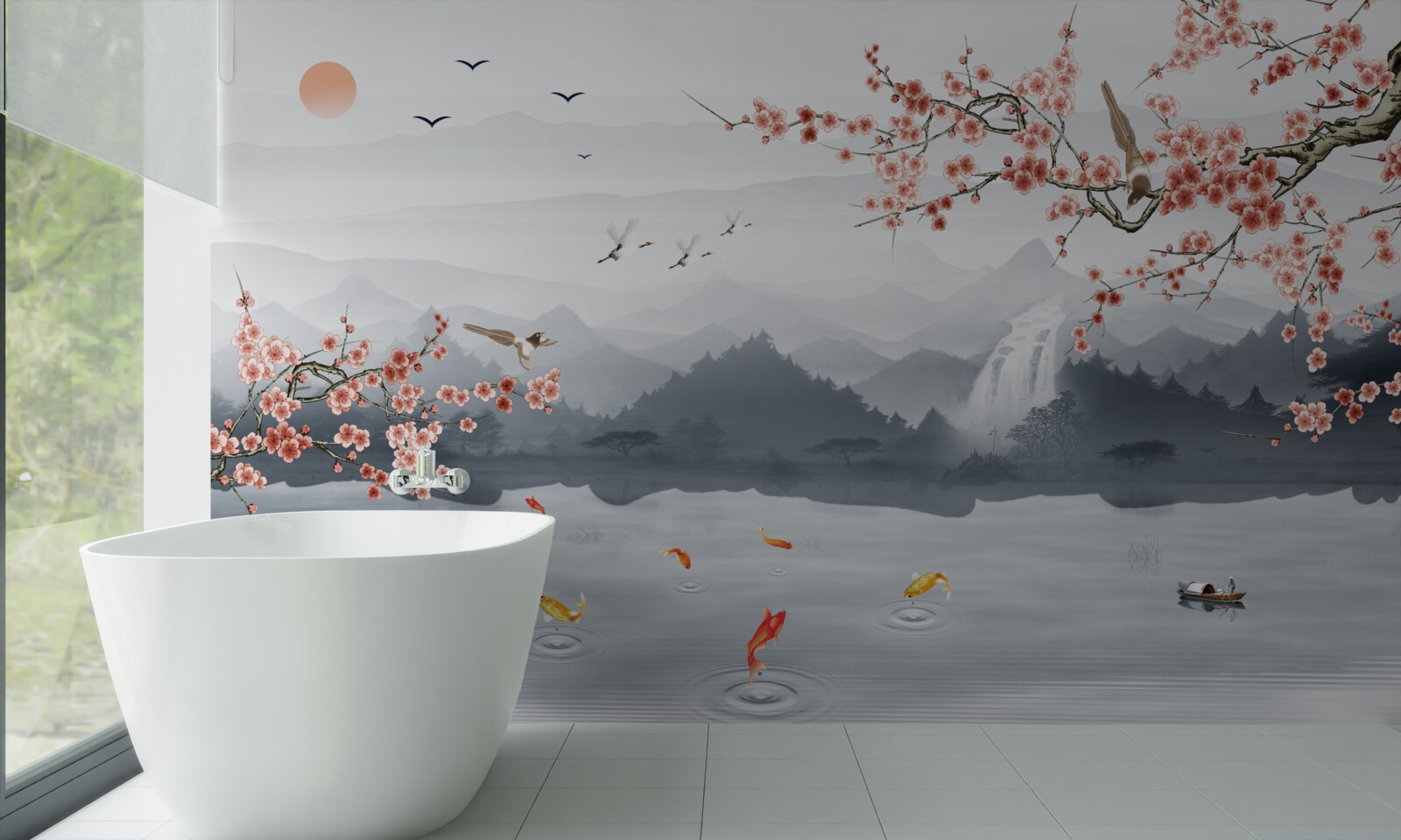 Fotobehang sakura bloeiend aan de voet van bergen en bij water