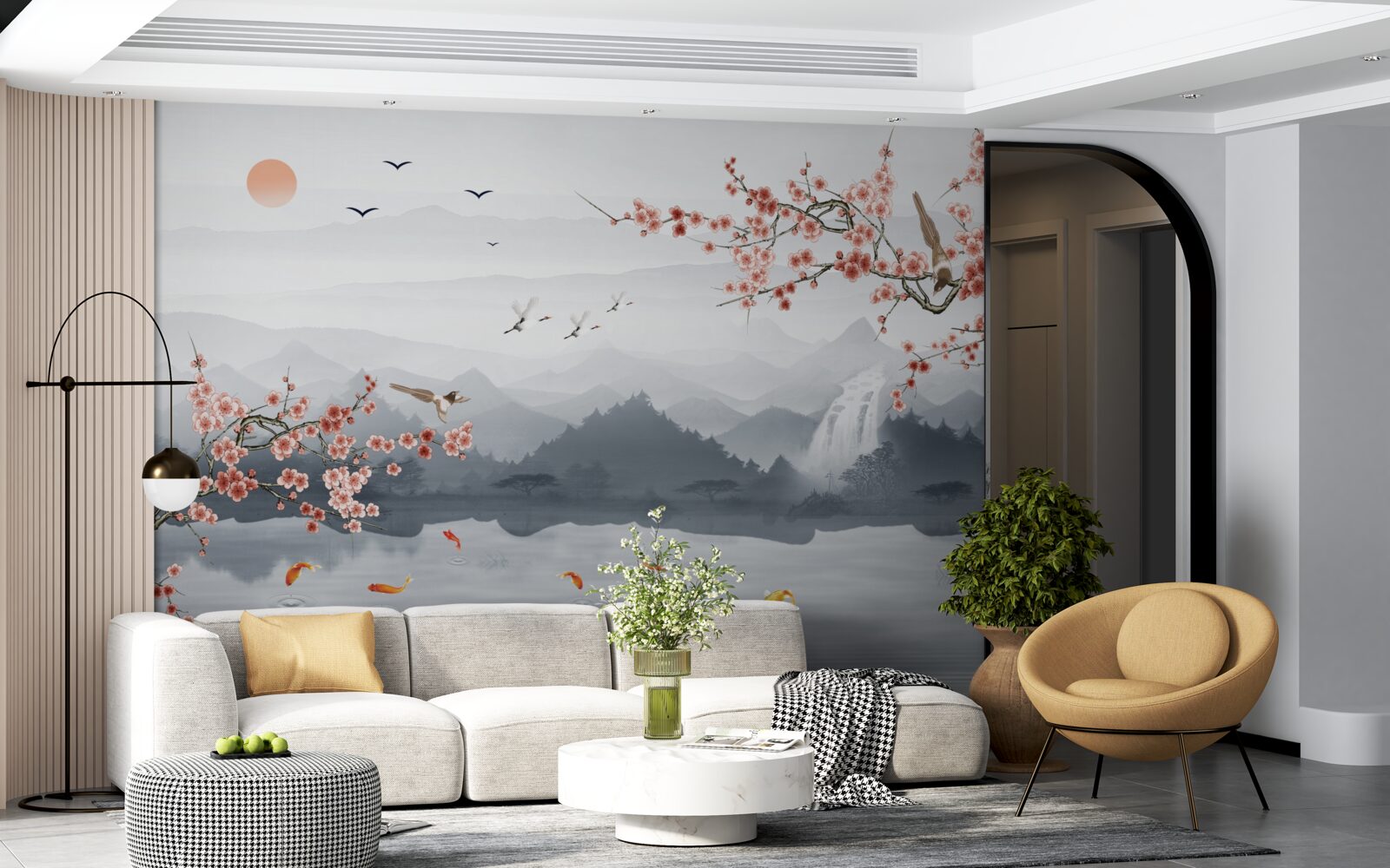 Fotobehang sakura bloeiend aan de voet van bergen en bij water