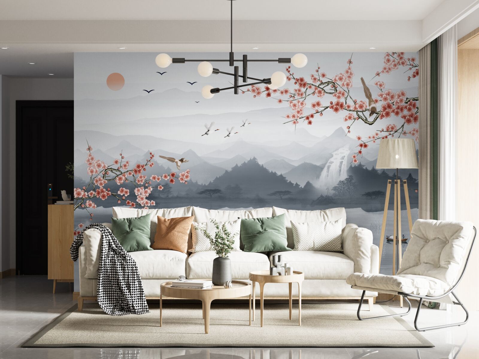 Fotobehang sakura bloeiend aan de voet van bergen en bij water