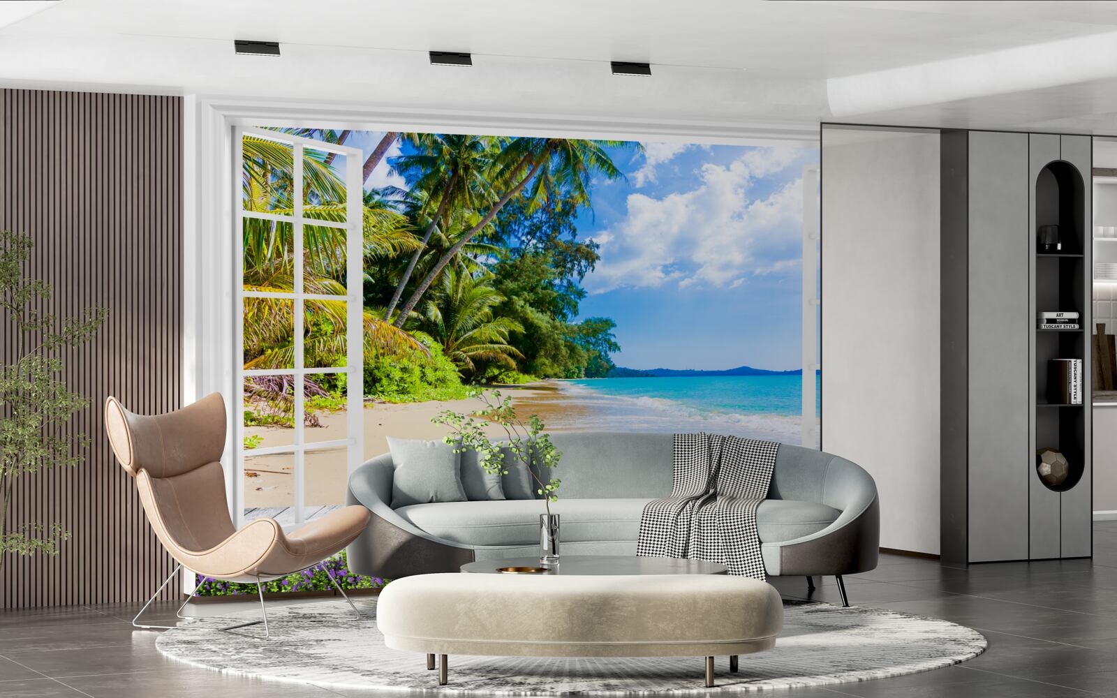 Fotobehang een panoramisch uitzicht op het strand vanuit het raam